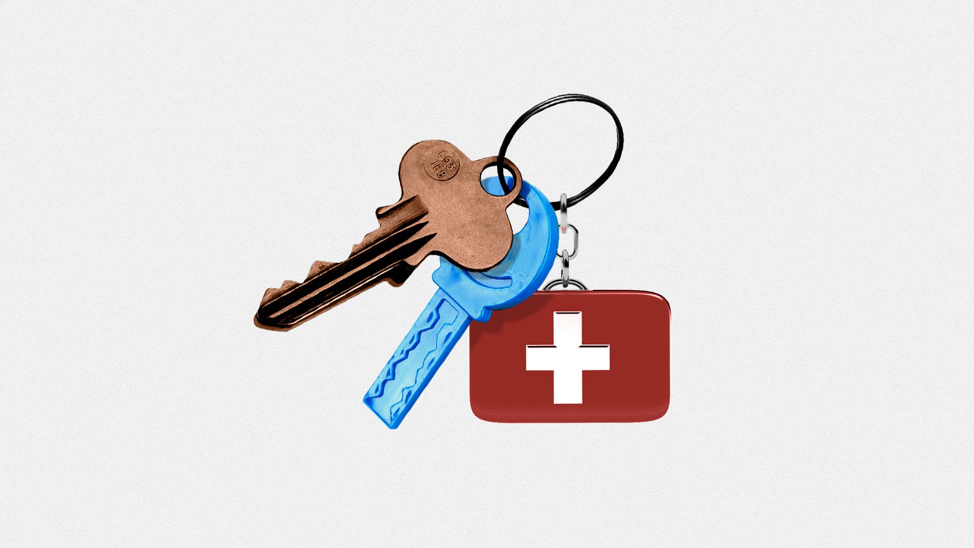 Illustration of keychain with regular key, child’s plastic key, and medical bag.