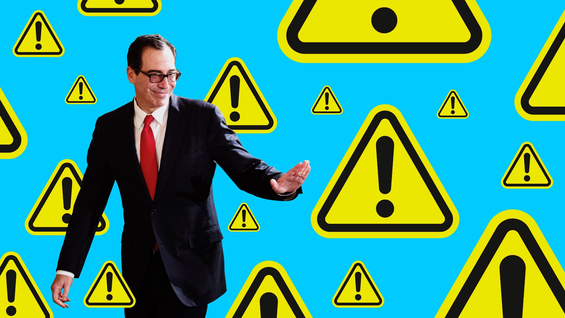 Treasury Sec. Steve Mnuchin, surrounded by warning signs.