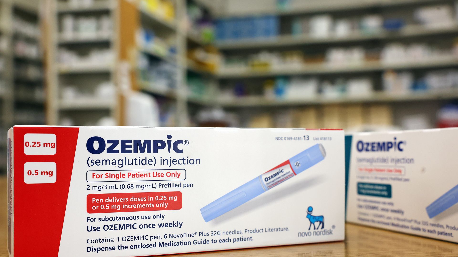 Photo illustration of an Ozempic box on a pharmacy counter