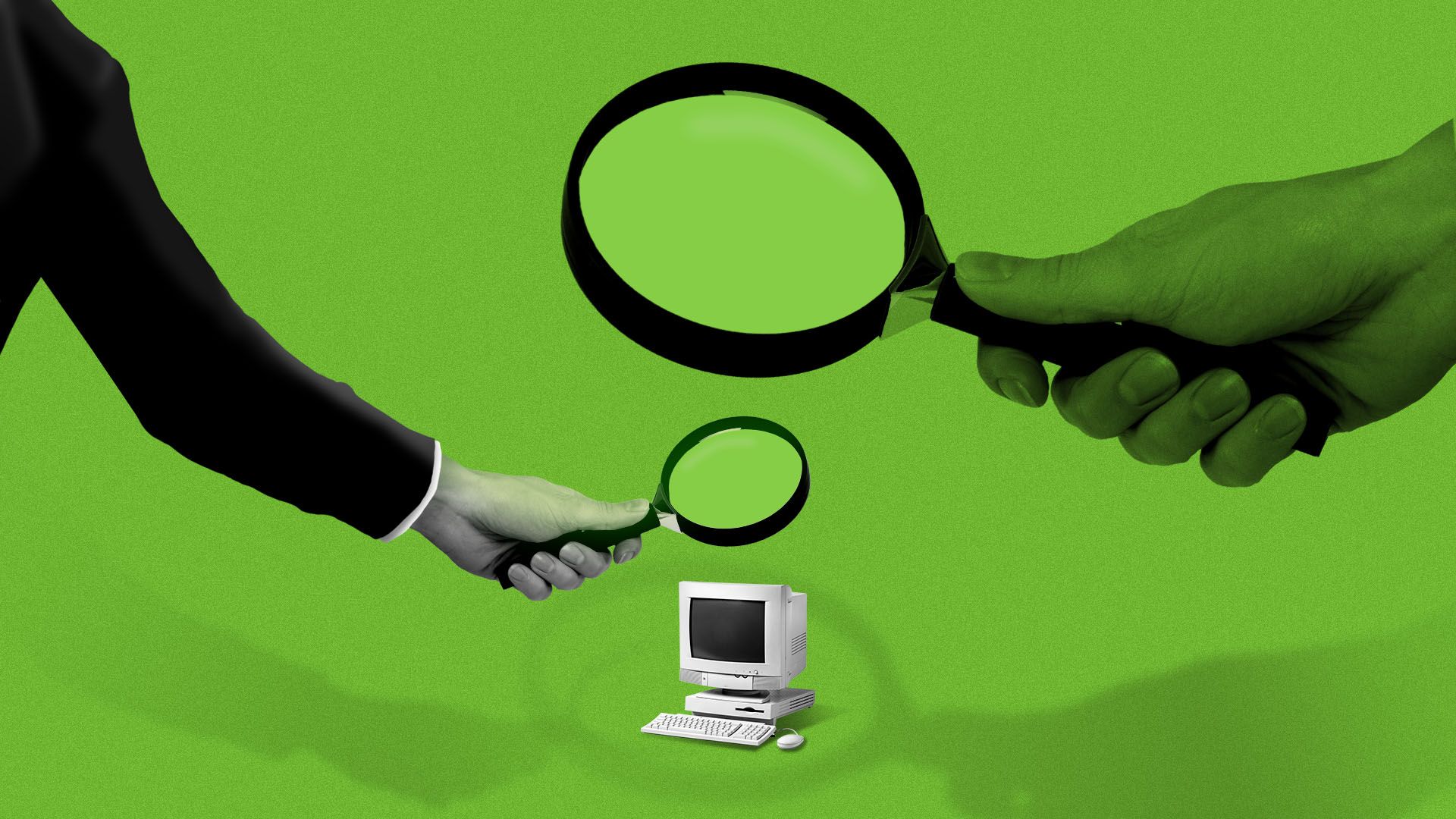 Illustration of a hand with a magnifying glass over a computer being scrutinized by a larger magnifying glass
