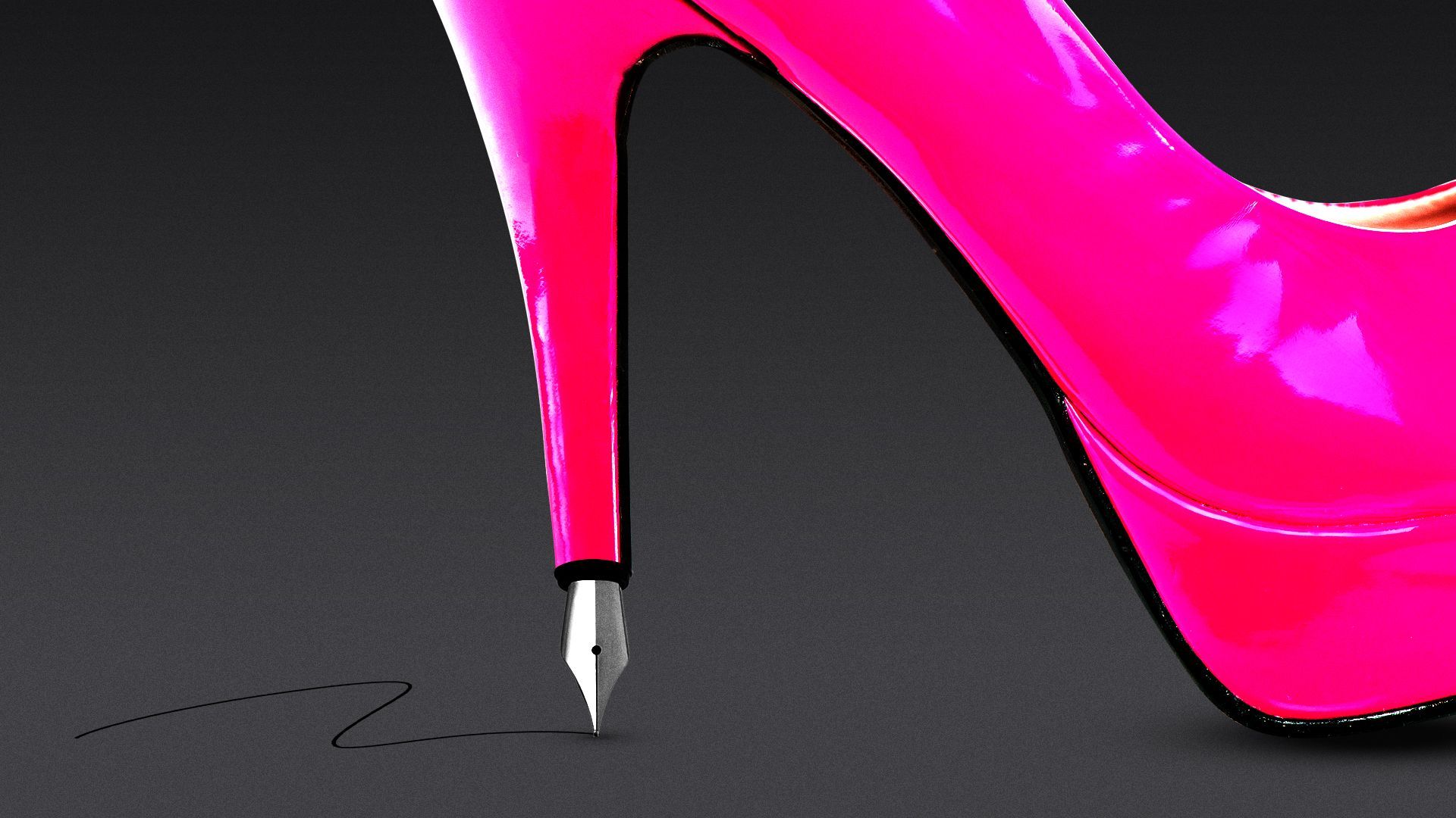 Illustration of a fountain pen made from the heel of a platform high heel. 