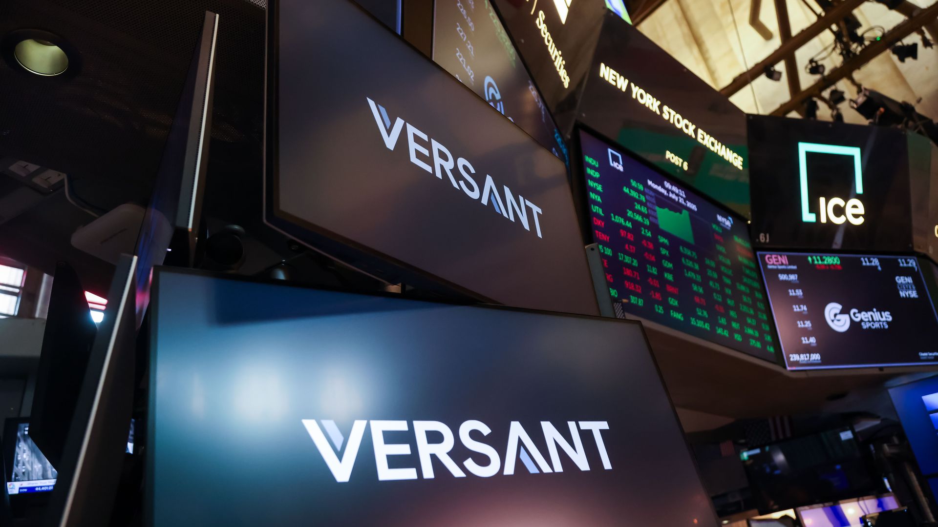 Screens at the New York Stock Exchange display the name “Versant” alongside stock data and exchange signage.