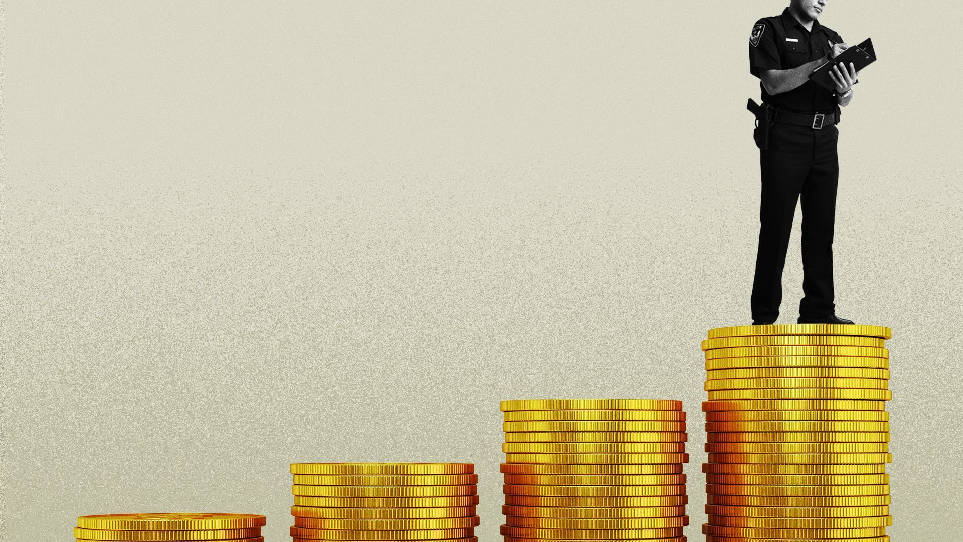 Illustration of a police officer standing on the highest pile of coins in a row.
