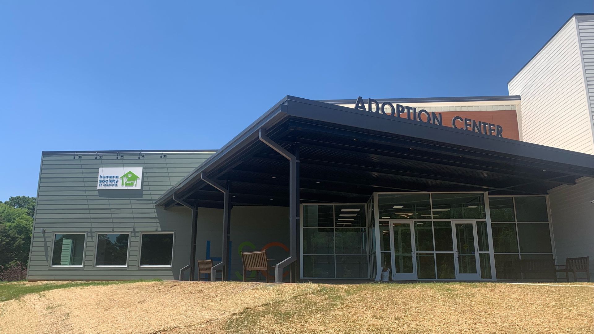 Building with signage that reads humane society on the roof.