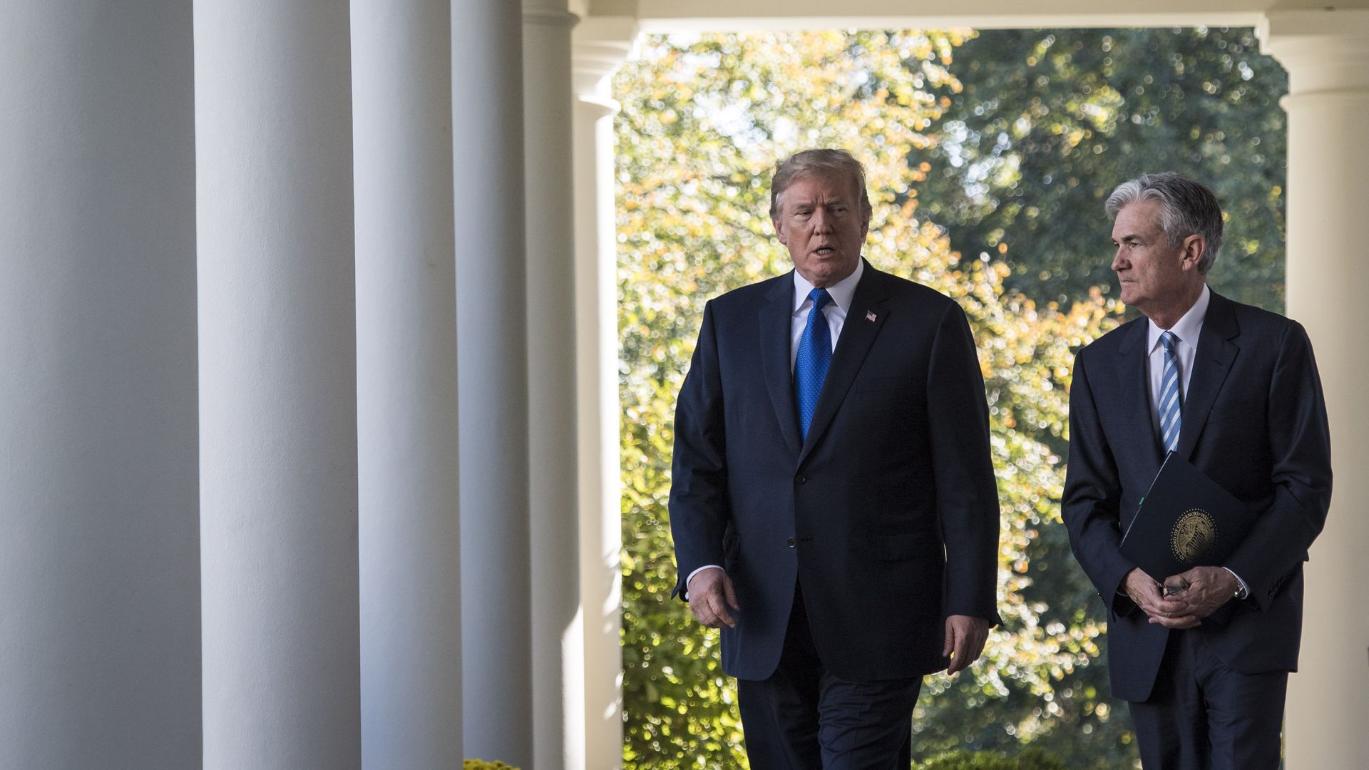 Trump walks out with Jerome Powell in the Rose Garden at the White House in Washington, DC on Thursday, Nov. 02, 2017.