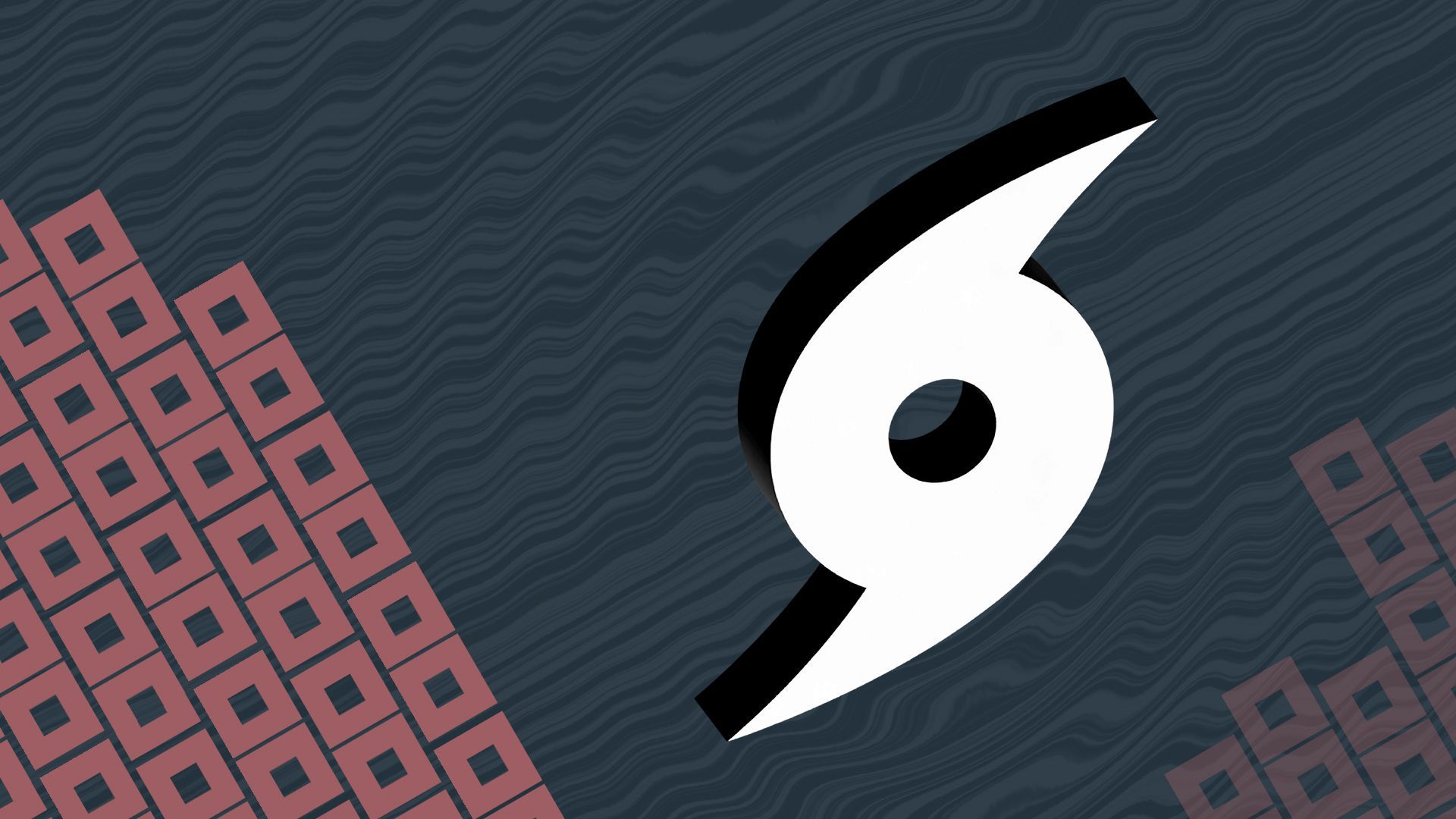 Illustration of a hurricane icon in front of a pattern of hurrcicane flags and wavy lines.