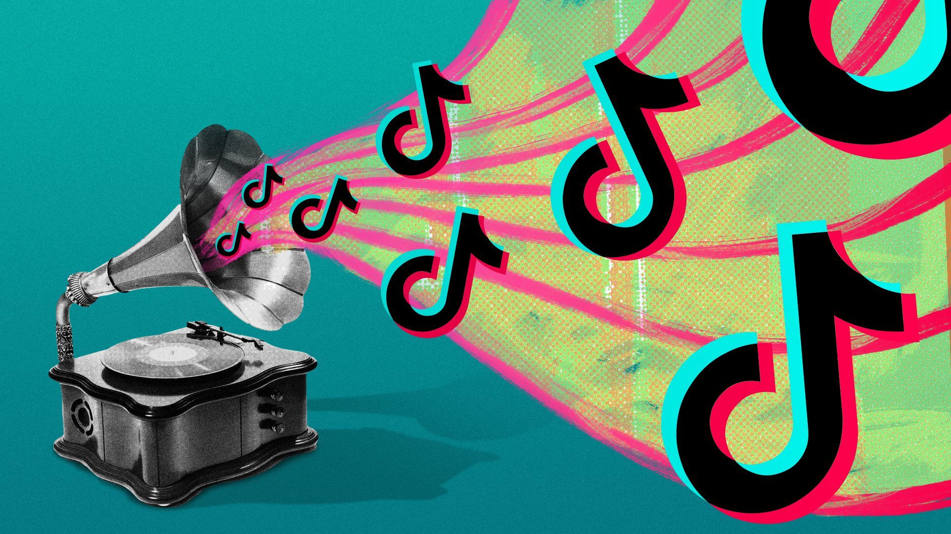 Illustration of a gramophone playing music with Tik Tok’s logo.