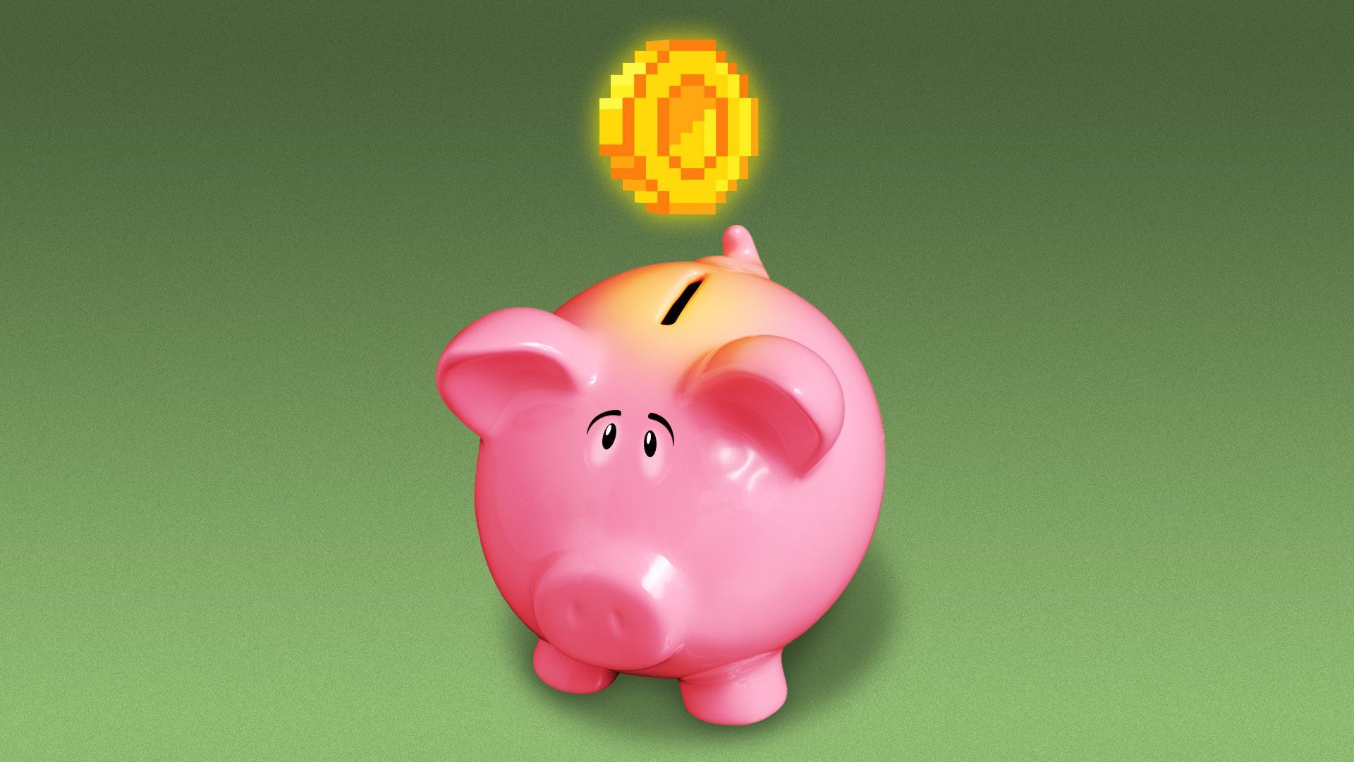 Illustration of a piggy bank looking up as a crypto coin floats above it