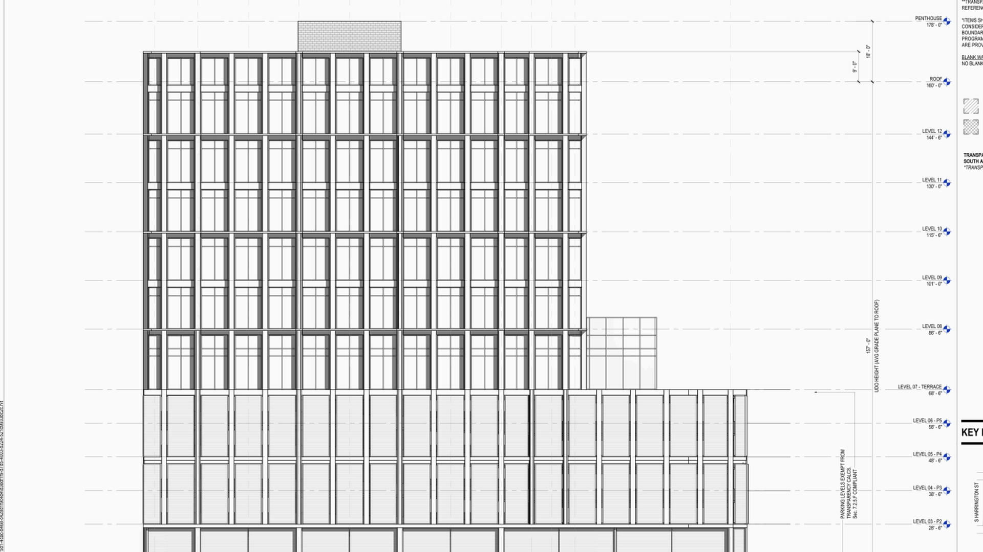 South elevation architectural drawing of a tall, glass-fronted building with regular vertical window bays and a lower podium, with grid lines and measurements.