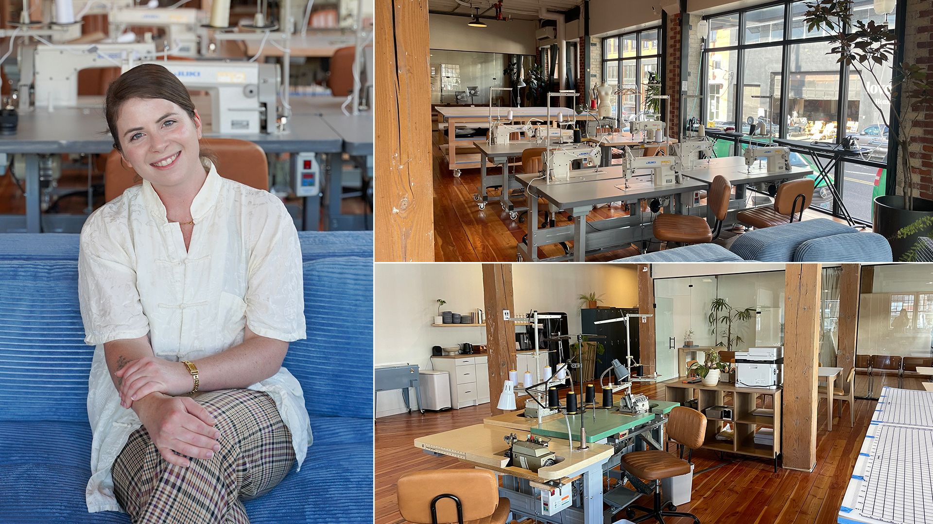 Smiling woman in white blouse and plaid pants sits on blue couch in modern sewing studio with wooden floors, multiple sewing machines, large windows, and workspace tables.