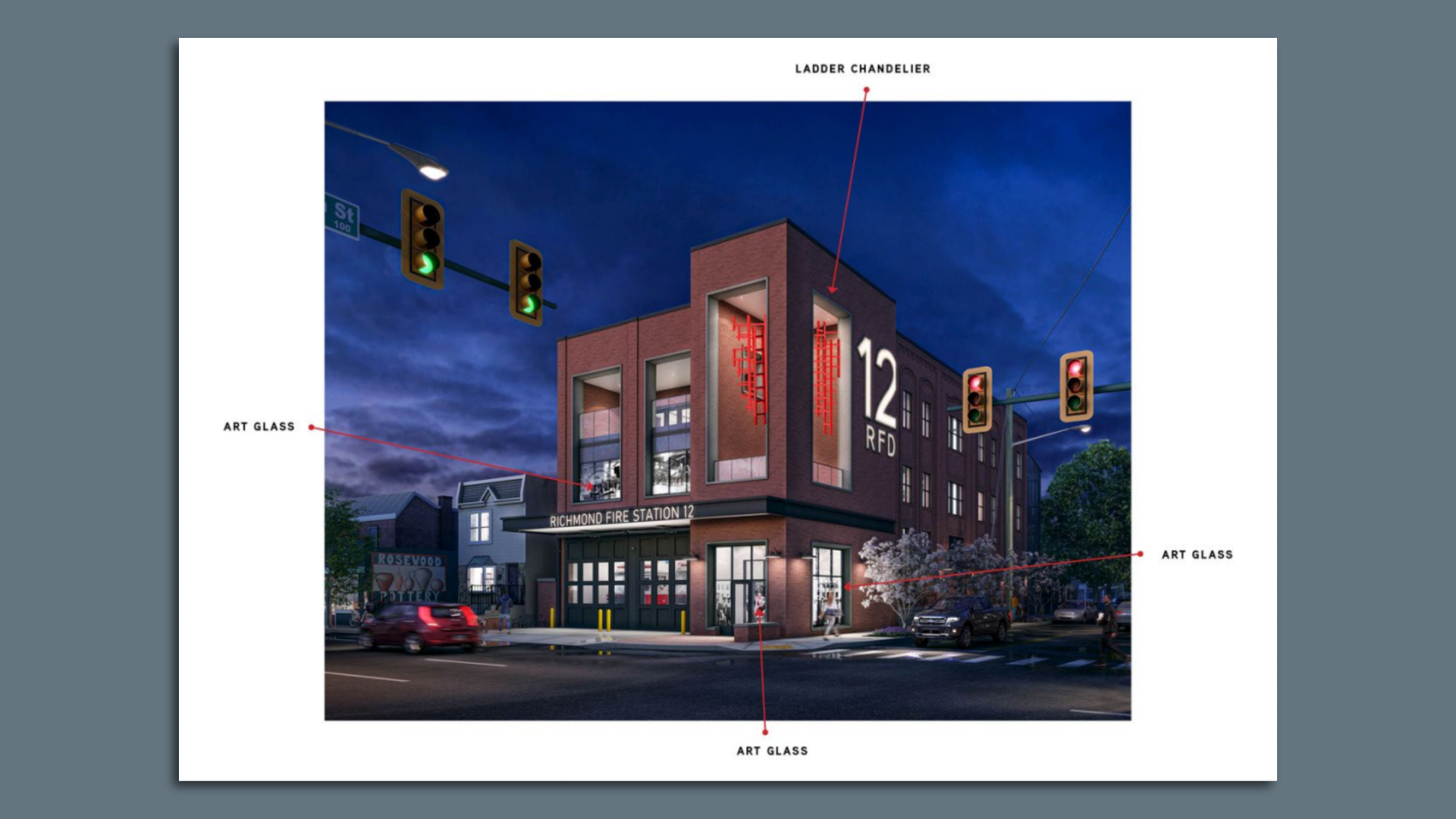 A rendering of a new fire station with an art installation.