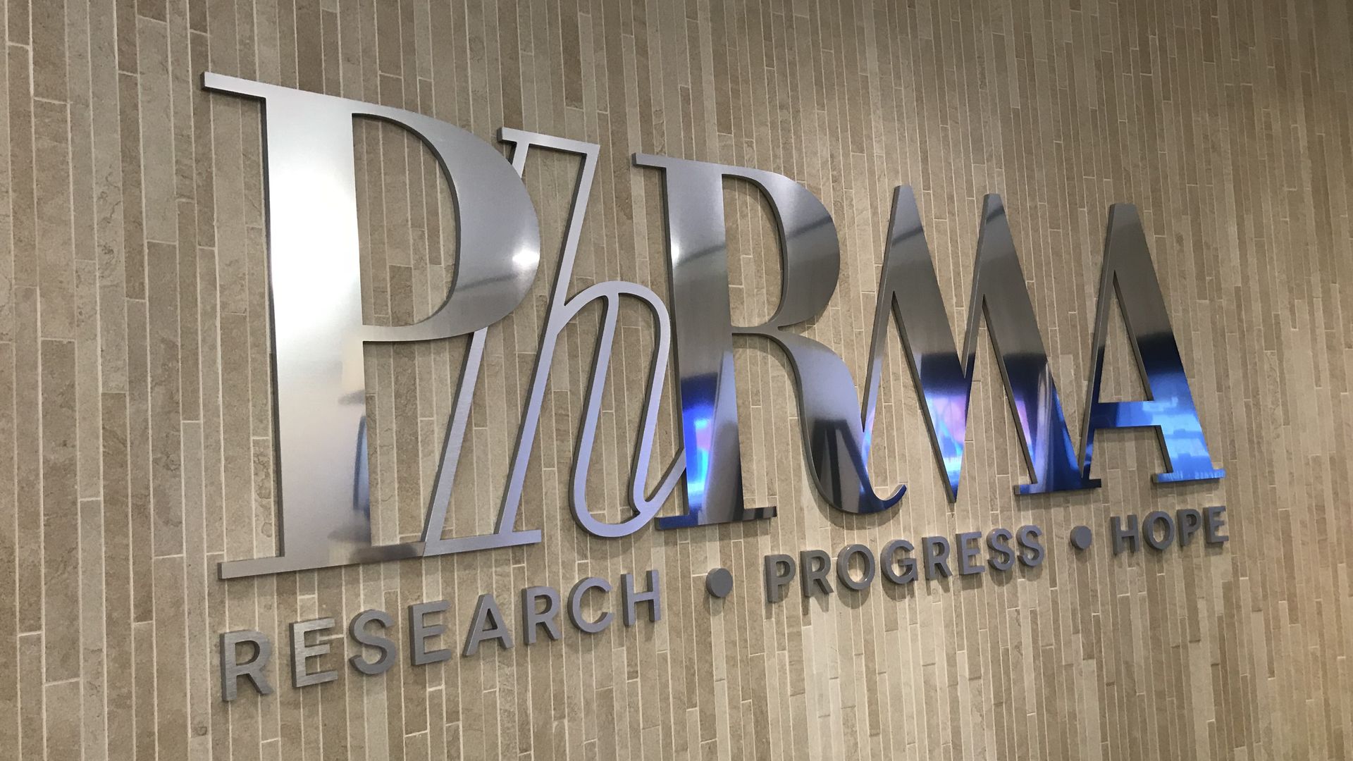 The PhRMA logo in the organization's D.C. office.