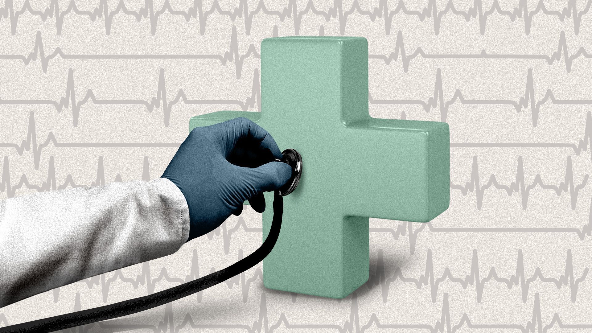 Illustration of a doctor's hand using a stethoscope to examine a green health plus against a background of various patterns of EKG lines. 