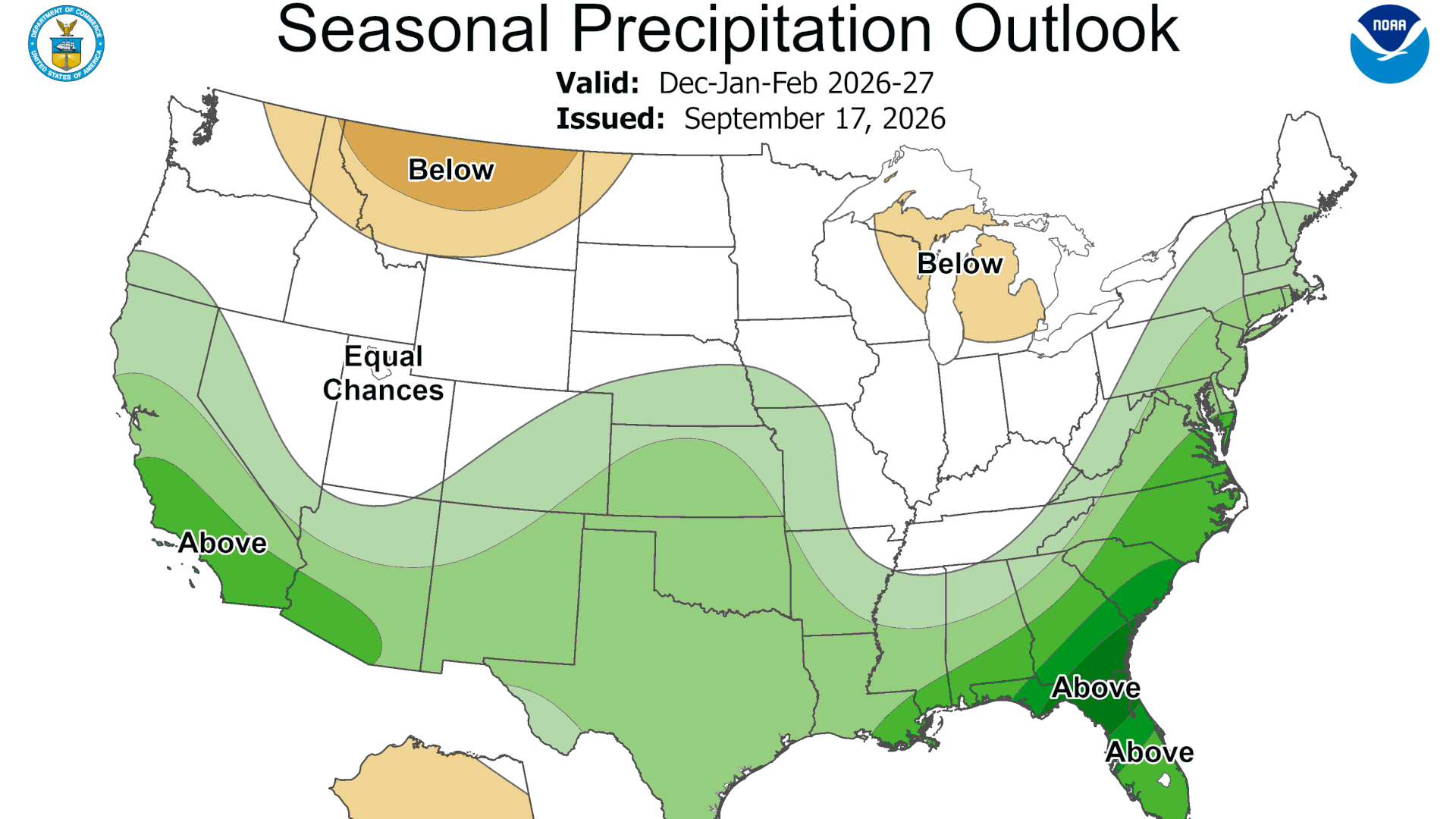 US map of the Seasonal Precipitation Outlook for Dec–Jan–Feb 2026–27, showing Below (orange), Equal Chances, and Above (green) regions; NOAA logos appear in the corners.