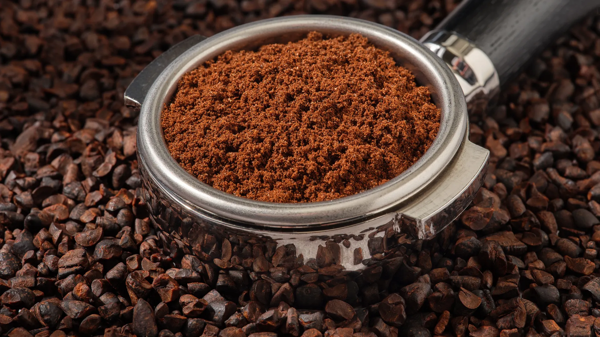 An shot of espresso beans ready to press. 