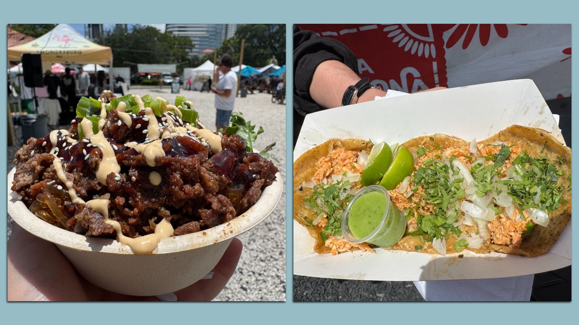 Two-panel outdoor food photo: left shows a large beef bowl drizzled with sauce, green onions, and sesame at a market; right shows a takeout taco with lime, cilantro, onions, and green salsa.