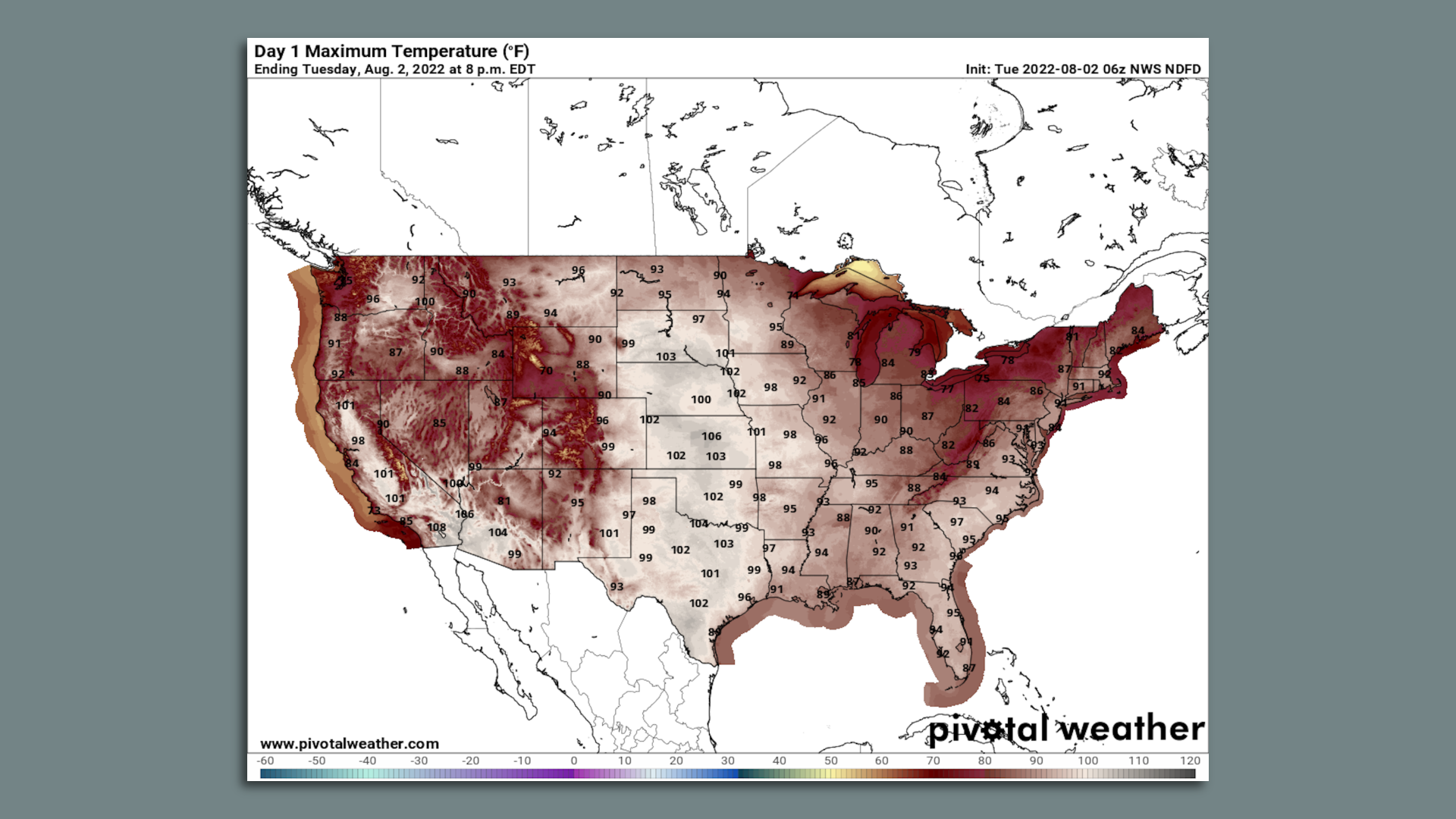 Forecast high temperatures for Tuesday, Aug. 2, 2022.