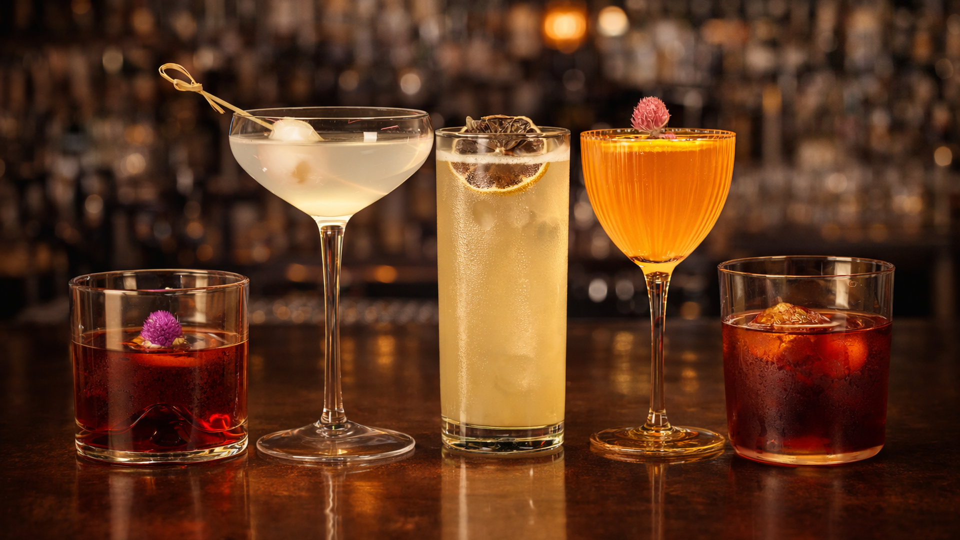 Five cocktails on a dim bar: from left, red drink in a rocks glass with a purple flower; pale coupe; tall highball with lemon; orange stem glass with a pink flower; red drink in a tumbler with ice.