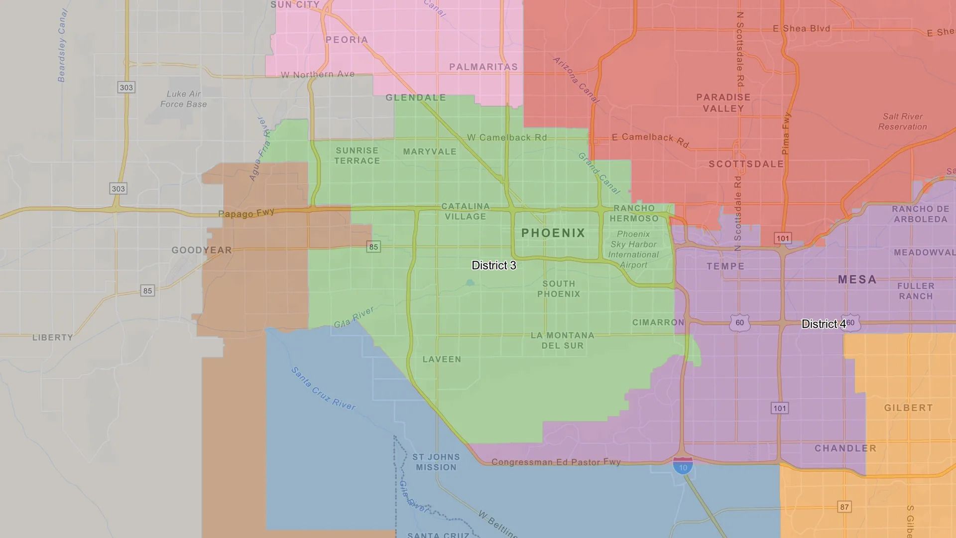 A green shaded area over a map of Phoenix Arizona with other areas shaded in different colors.