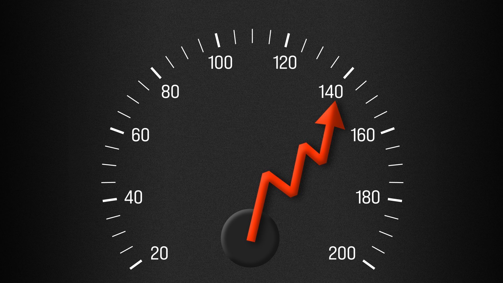Illustration of a speedometer with a needle shaped like a red upward trending stock line 