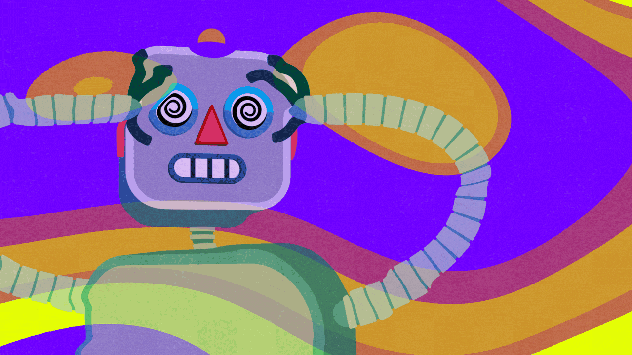Animated illustration of a robot holding its head, with spirals spinning in its eyes, and psychedelic colors swirling around it.