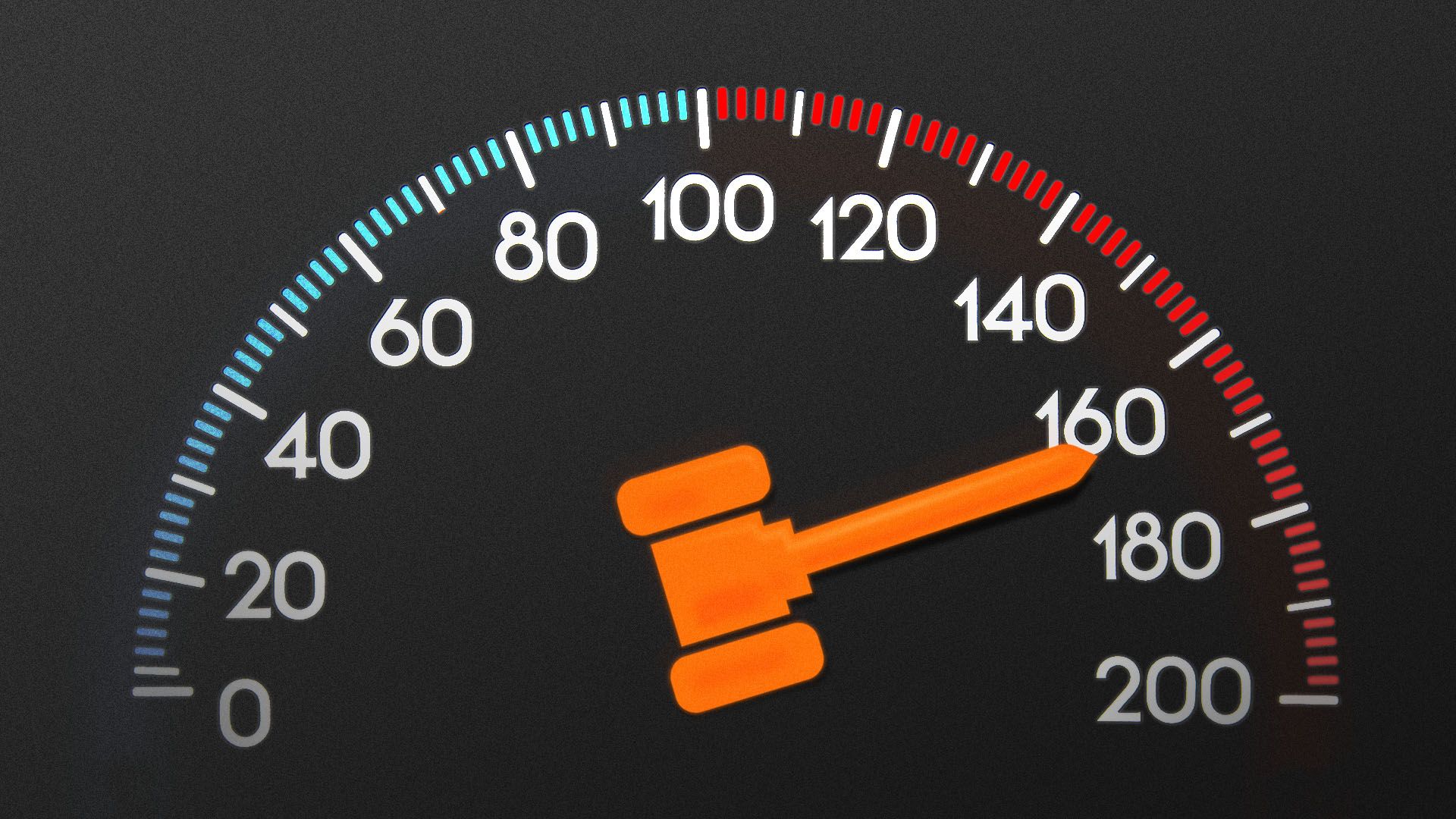 Illustration of a speedometer with a gavel for a needle