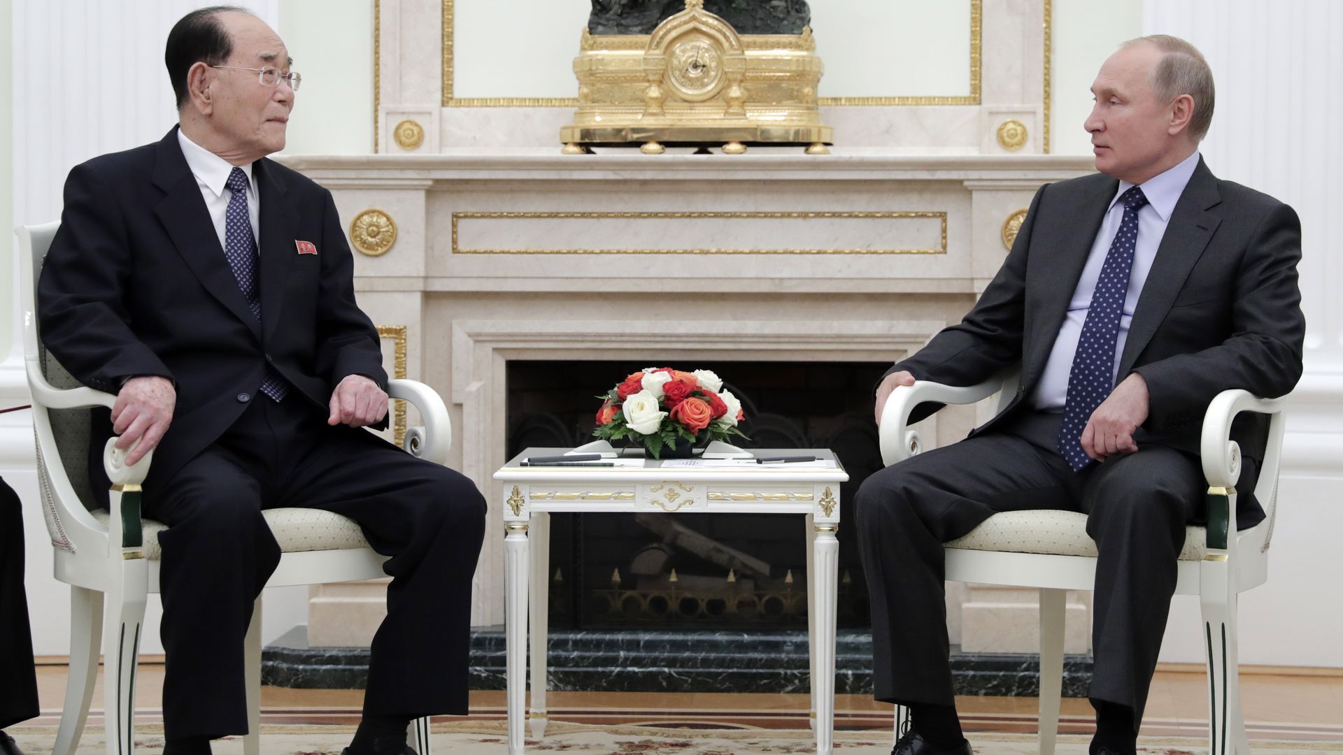 Kim Yong-nam, president of the Presidium of Supreme People's Assembly of North Korea, sits to the left of Russian President Vladimir Putin