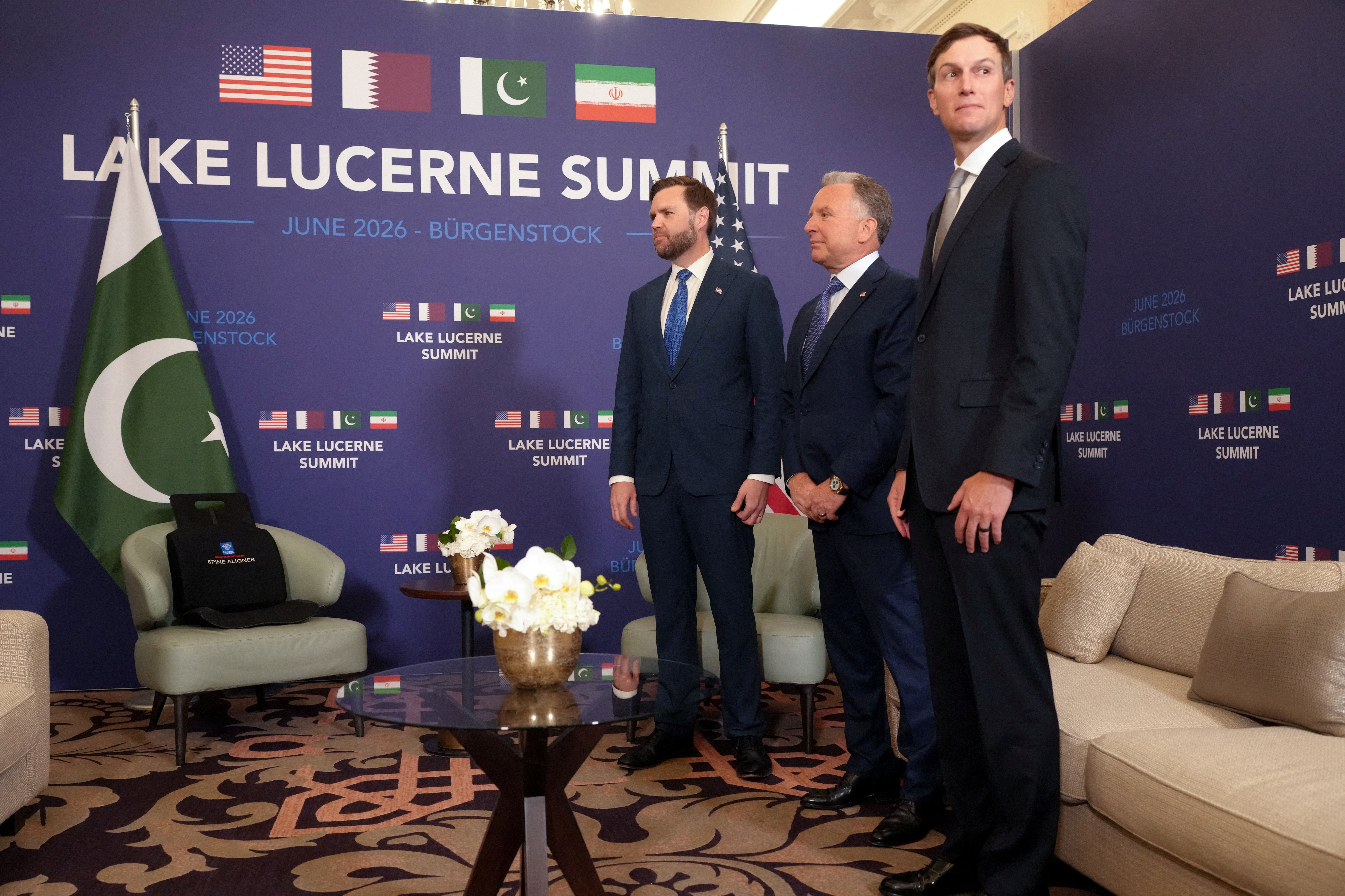 U.S. Vice President JD Vance waits, alongside U.S. President Donald Trump's envoys Steve Witkoff, second right, and Jared Kushner, right, to meet with Pakistan's Prime Minister Shehbaz Sharif for high-level talks aimed at advancing a deal to end the Middle East conflict, at the Bürgenstock Resort in