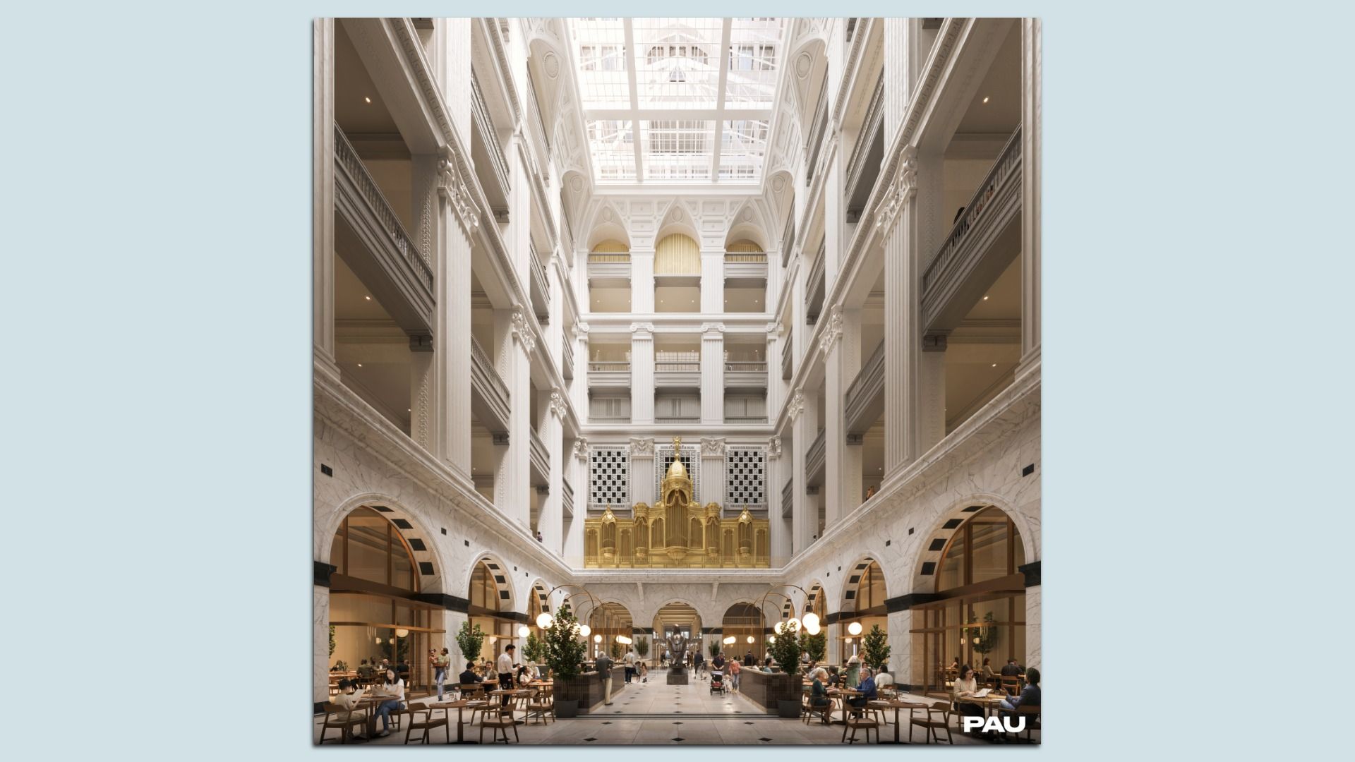 Large, bright atrium with white pillars and arches, a golden architectural centerpiece, and people dining at tables in a marble-floored space beneath a glass ceiling.