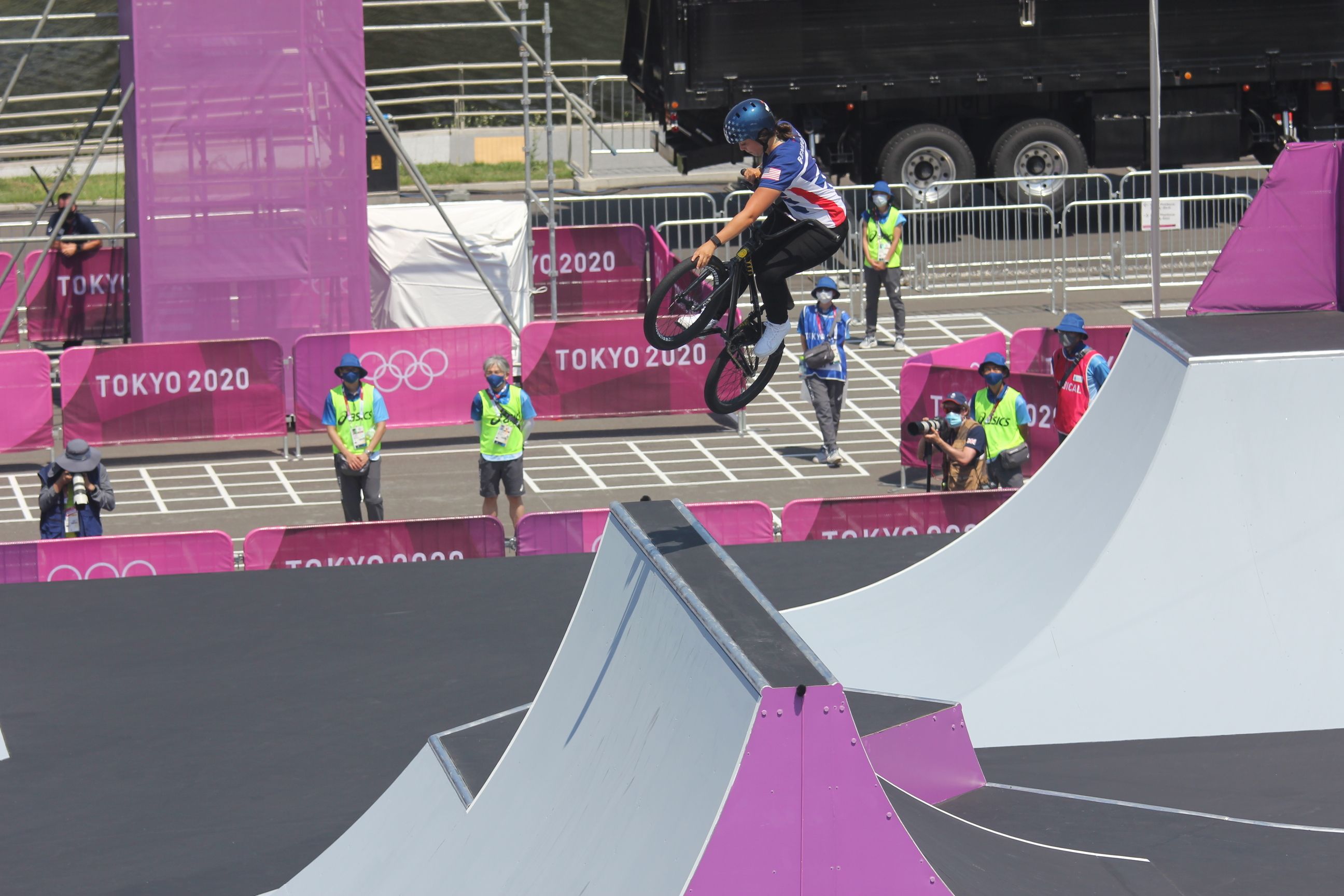 American Perris Benegas during the first-ever BMX freestyle Olympic competition at the Tokyo Games on August 1.