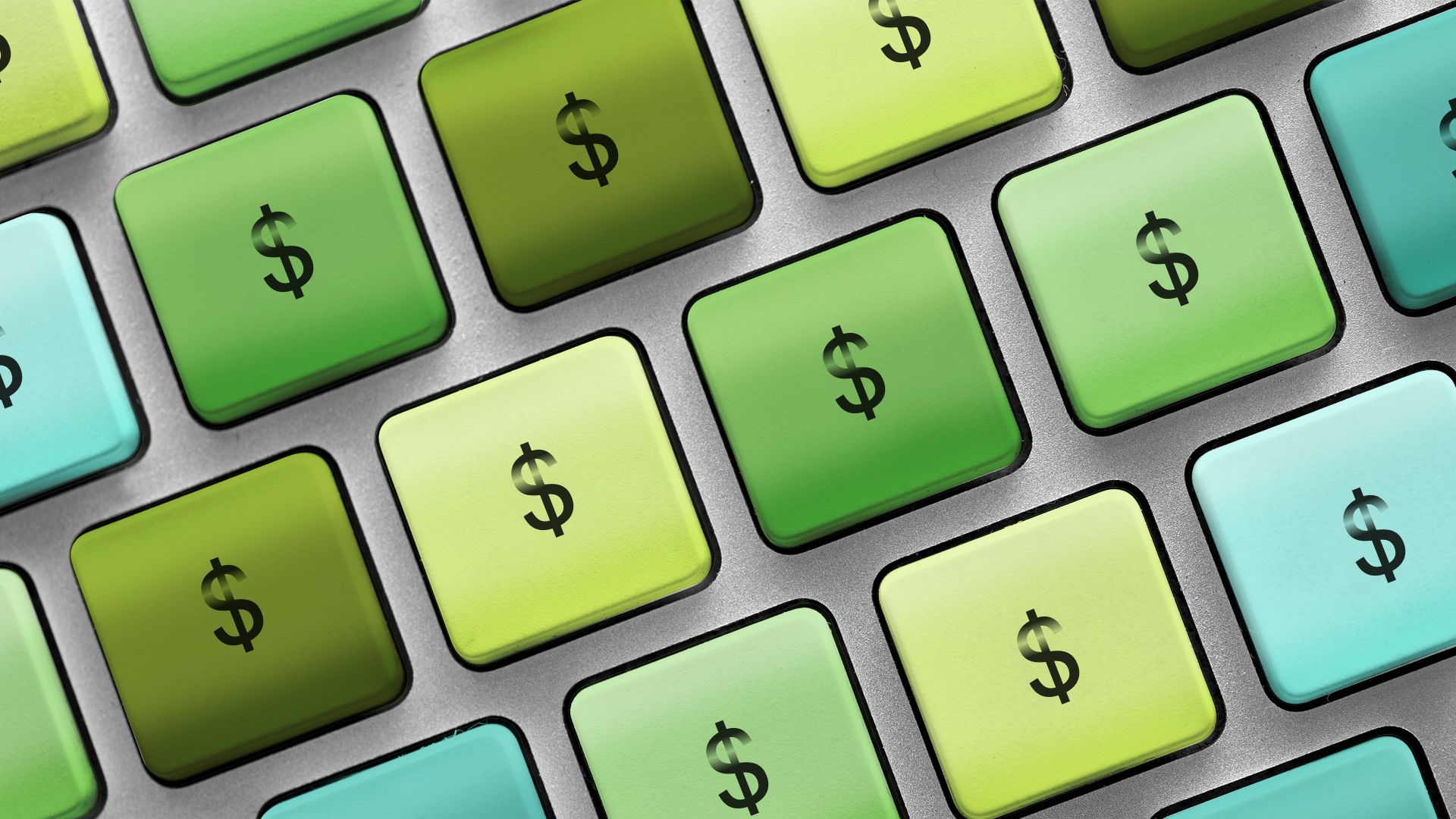 Illustration of a computer keyboard with keys in varying shades of green and with each key featuring a dollar sign