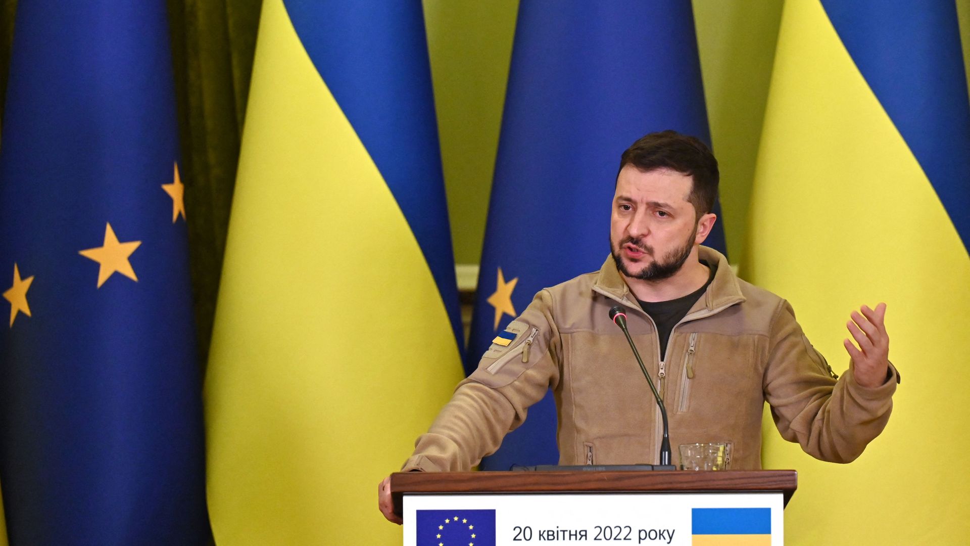 Ukraine's President Volodymyr Zelensky speaking during a press conference in Kyiv on April 20.