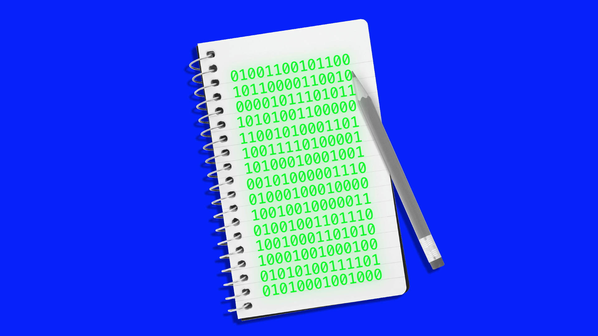 Illustration of binary code flashing on a notebook page