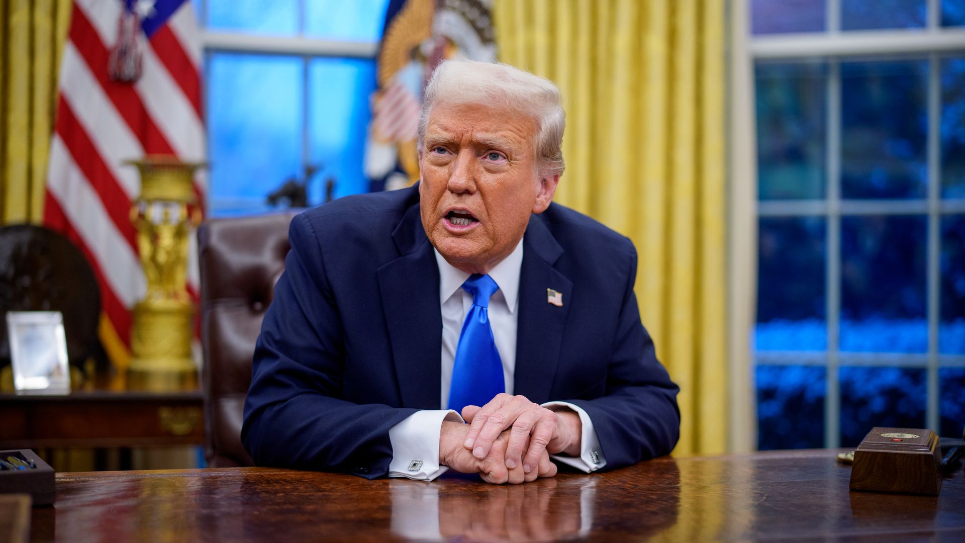  President Donald Trump speaks during an executive order signing in the Oval Office at the White House on February 11, 2025 in Washington, DC. Trump is to sign an executive order implementing the Department of Government Efficiency's (DOGE) "workforce optimization initiative" this month.