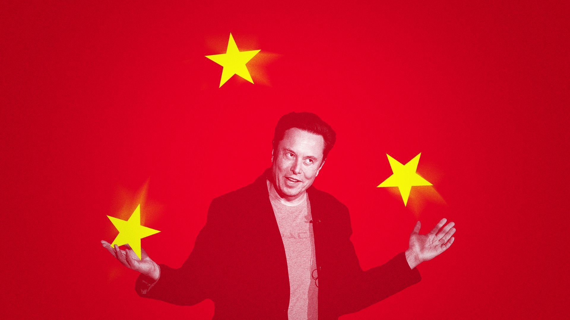 Photo illustration of Elon Musk juggling the stars on China's flag. 