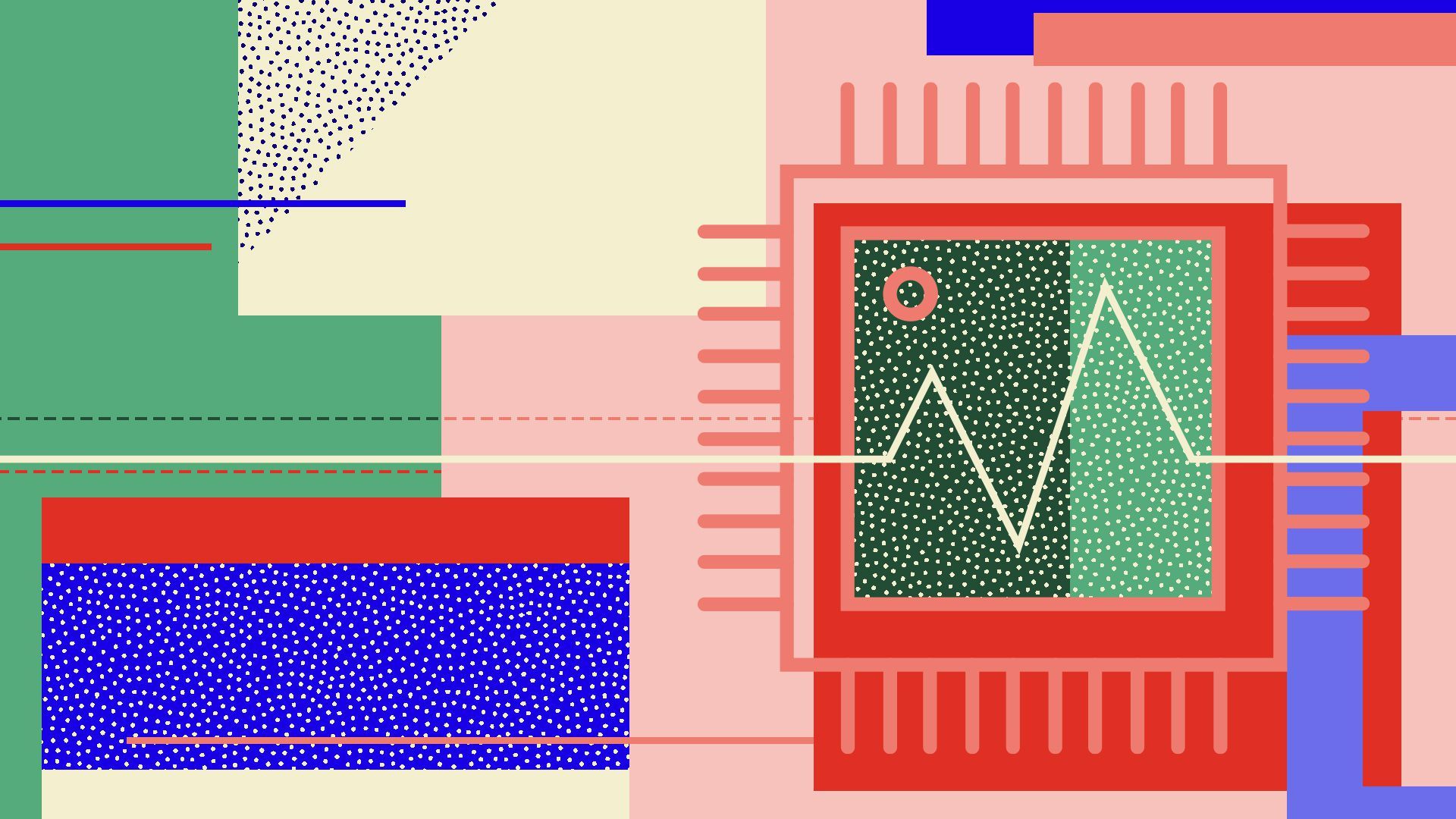 Illustration of a motherboard with a heart monitor surrounded by shapes.