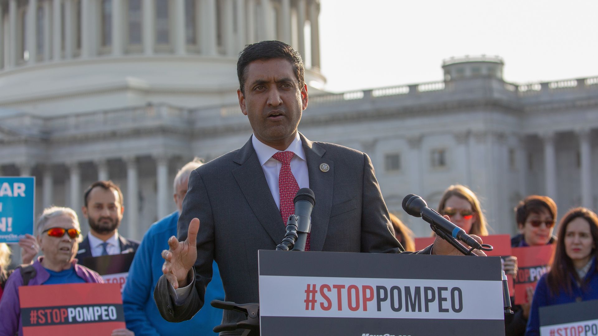Rep Ro Khanna speaks at a rally with MoveOn members and allies gather with leading senators to demand that the Senate vote to reject Mike Pompeo's nomination for Secretary of State at US Capitol