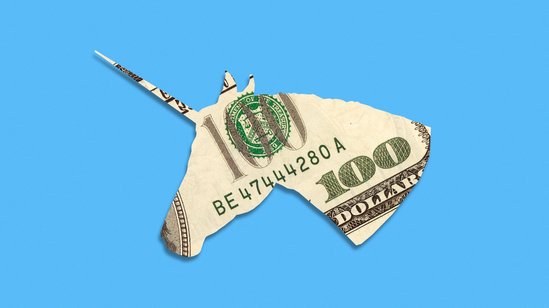 Illustration of a U.S. one hundred dollar bill cut into the shape of a unicorn