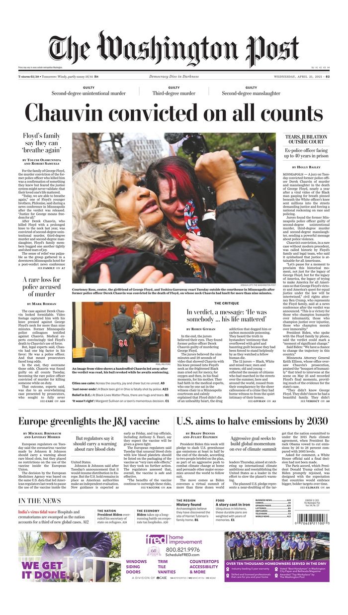 Picture of the front page of the Washington Post