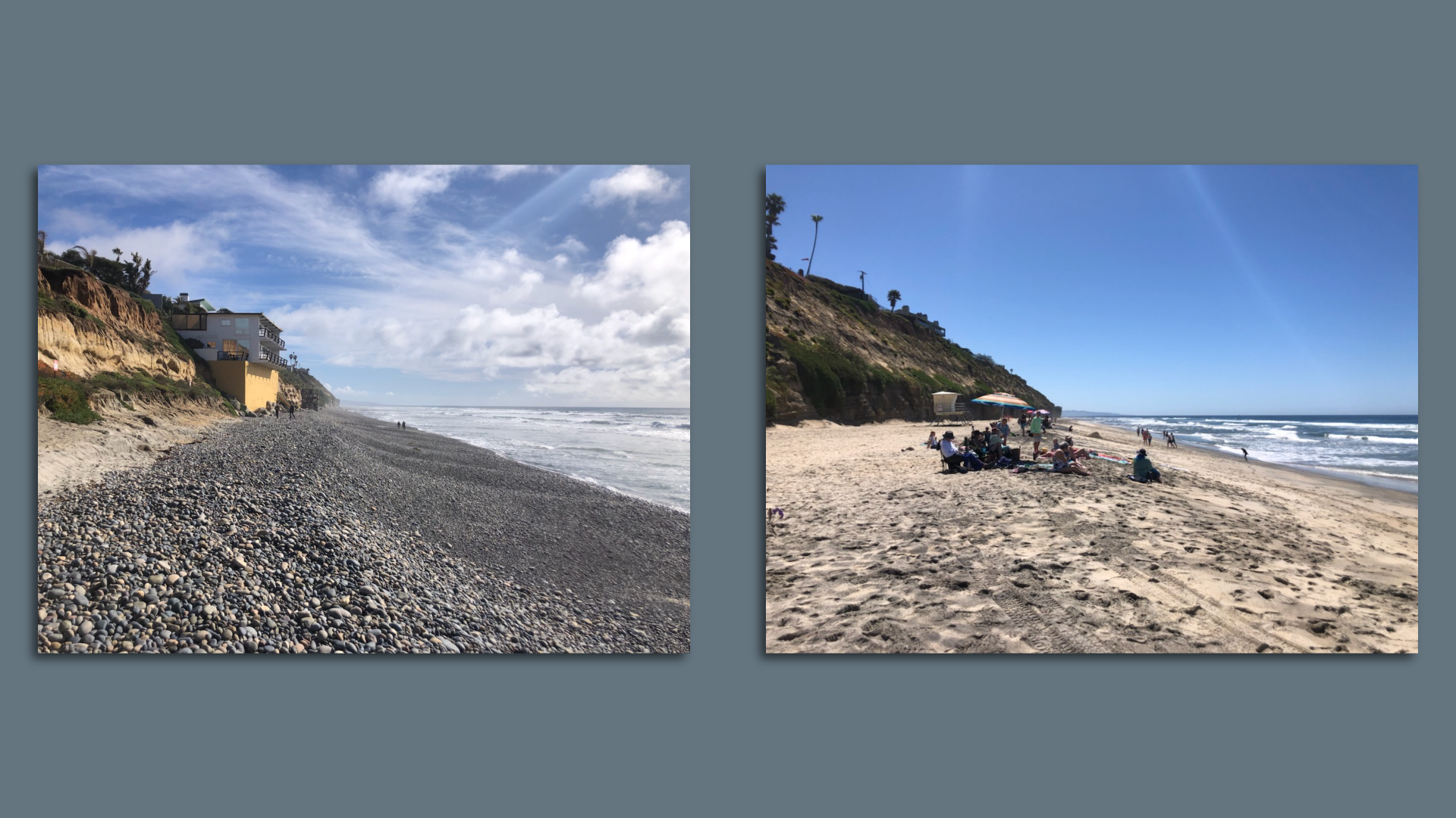 A before and after photo of a rocky beach turned into a sandy beach.