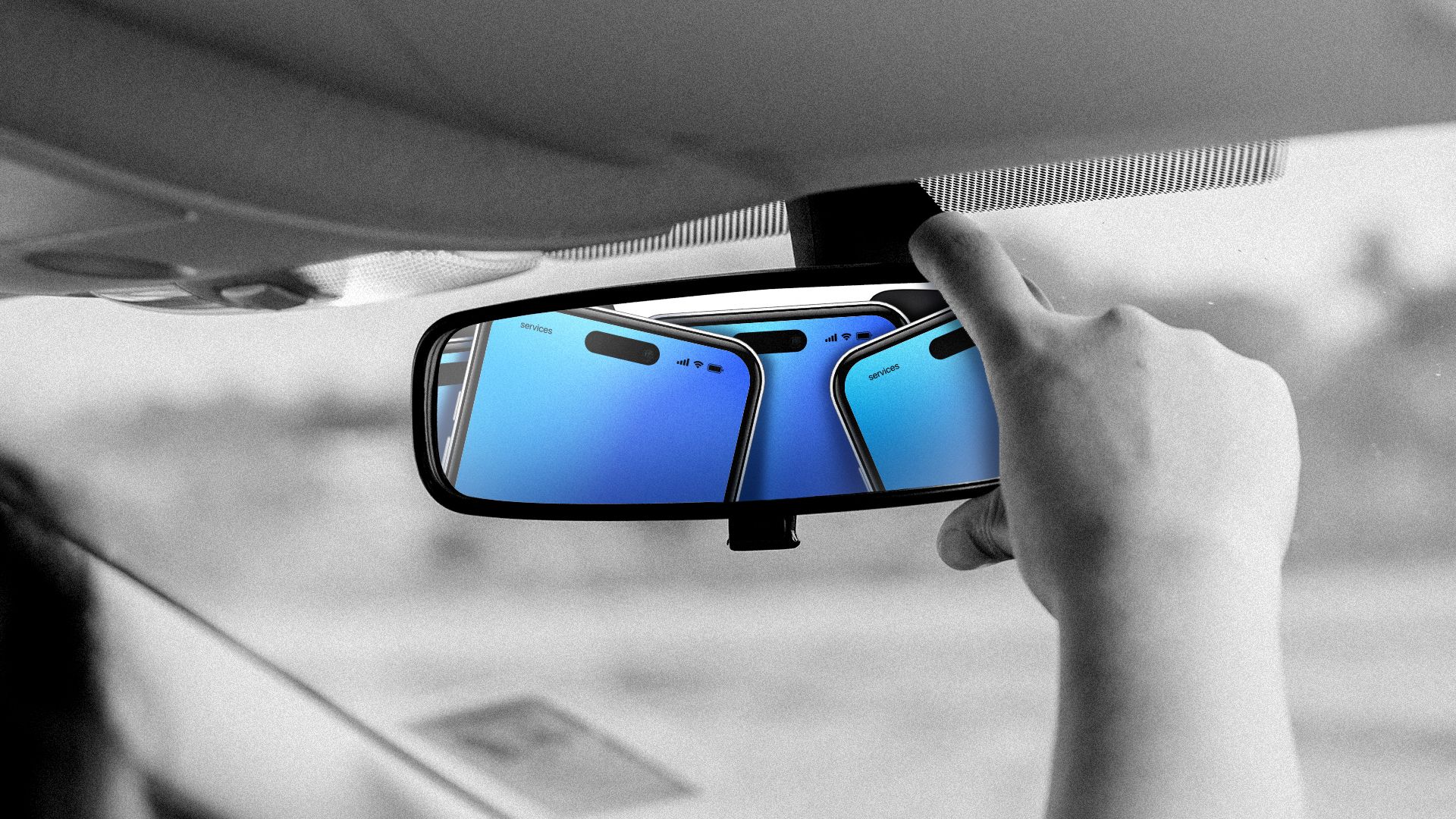 Illustration of the rearview mirror of a car showing cell phones crammed into the backseat.