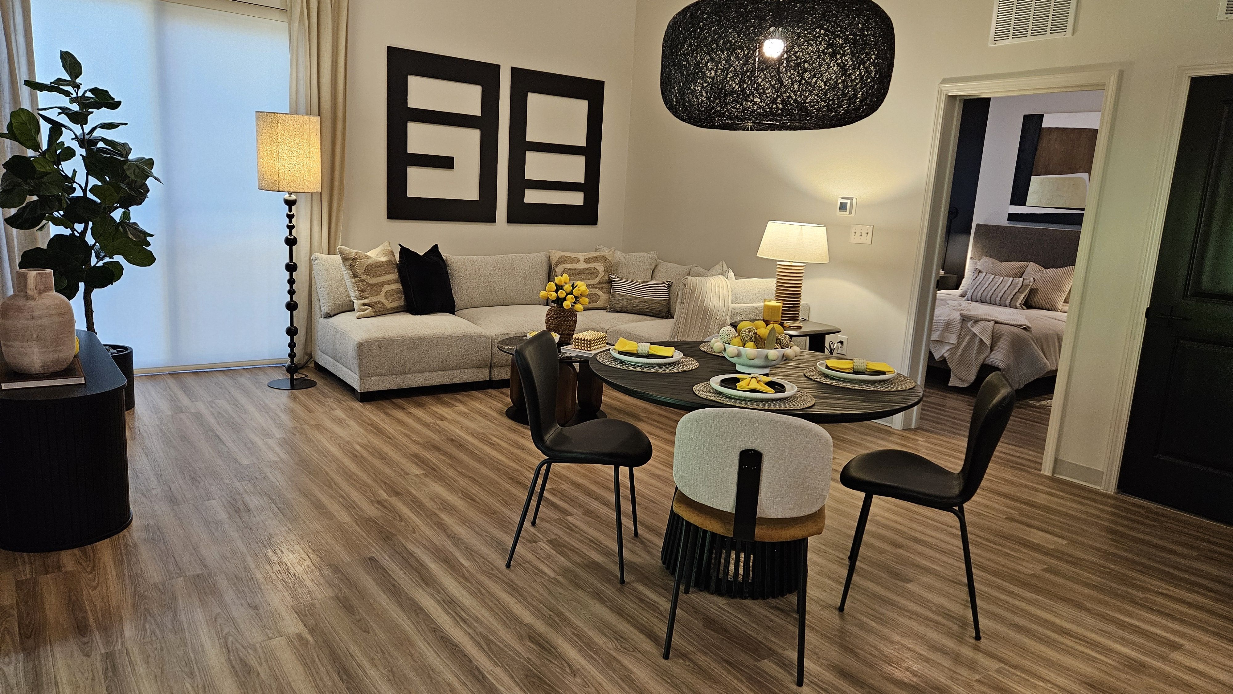 The living room of a unit inside Front Porch