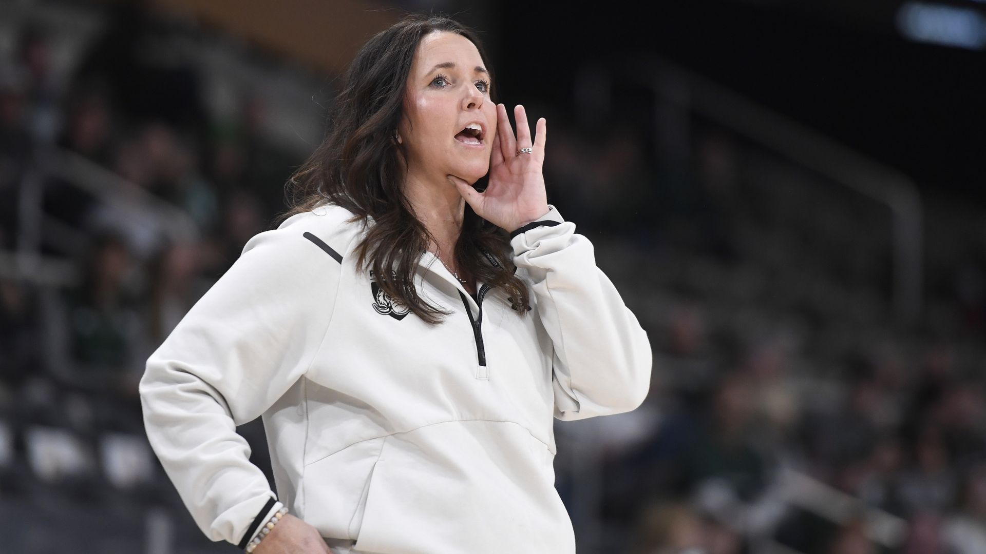 Purdue Fort Wayne Mastodons Head Coach Maria Marchesano directs players during the Horizon League Championship semi-final game between the Green Bay Phoenix and the Purdue Fort Wayne Mastodons on March 11, 2024, at the Indiana Farmers Coliseum in Indianapolis, Indiana.