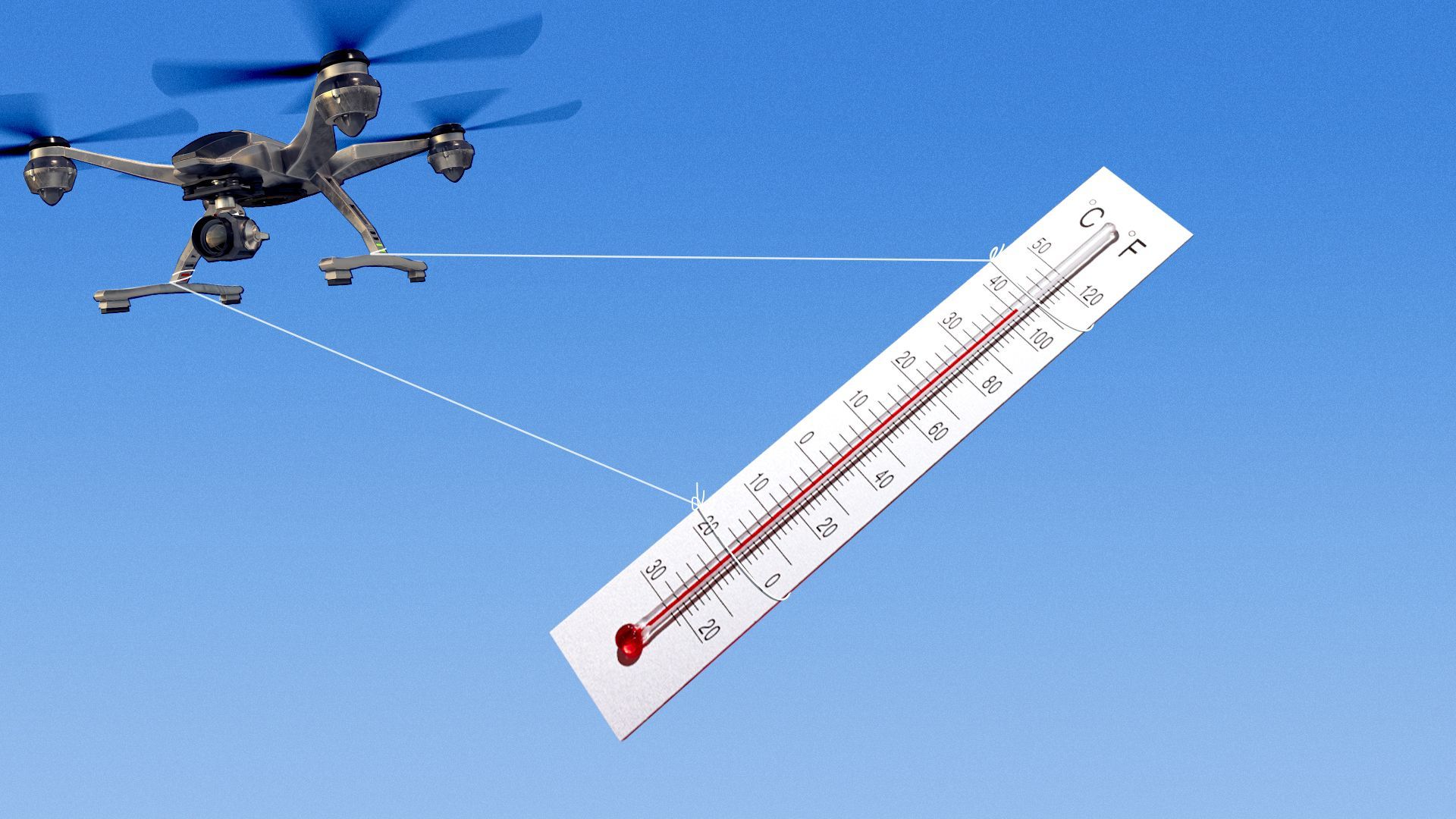 Illustration of a drone hauling a large temperature gauge by string.
