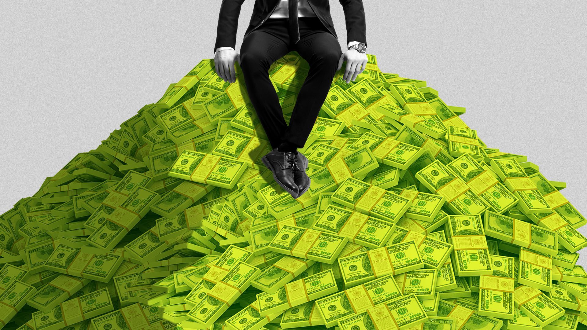 Illustration of a man in a suit sitting on top of a pile of money