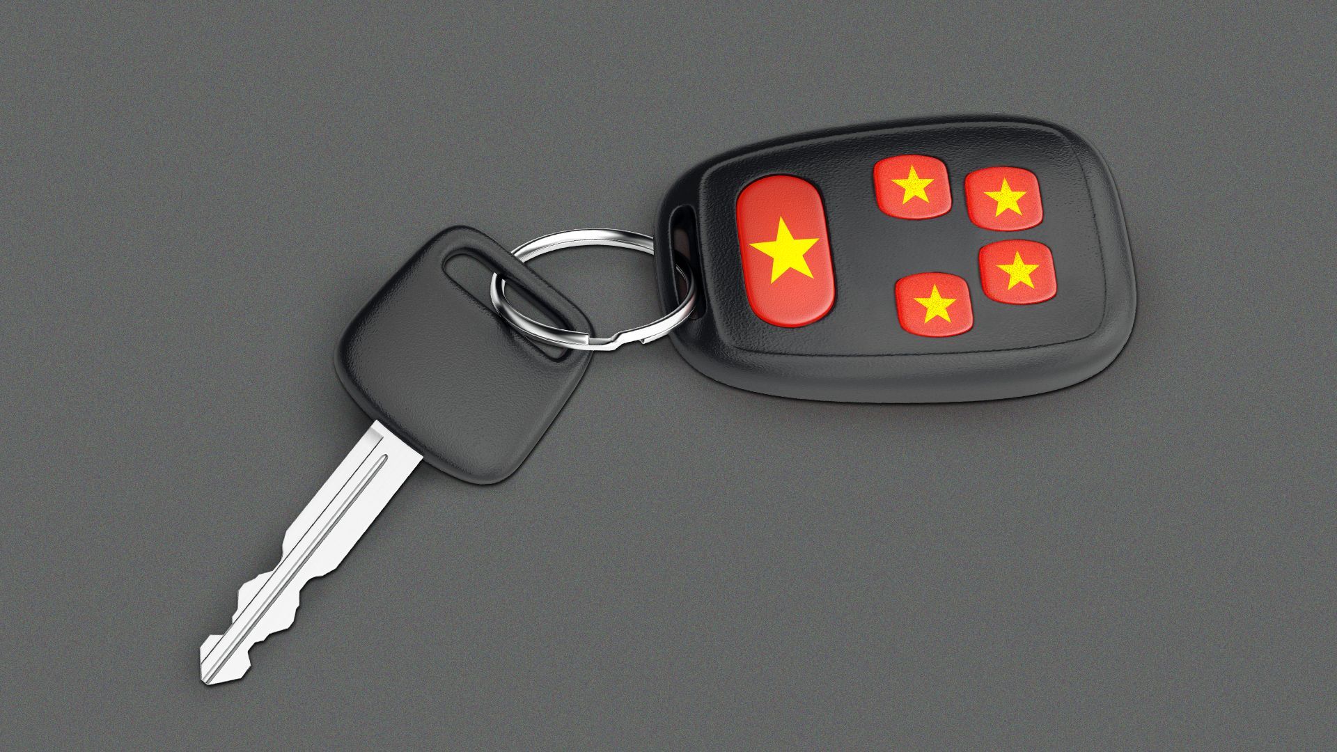 an illustration of a car key that has red buttons printed with stars that mimick the chinese flag 
