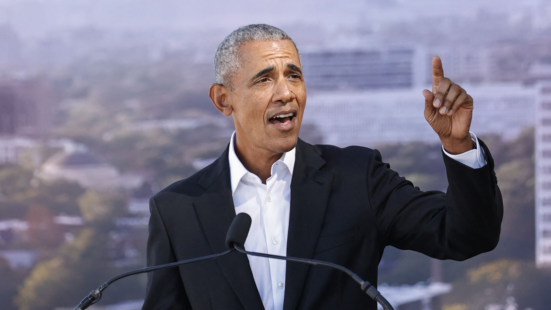 Former US President Barack Obama speaks during the groundbreaking ceremony for the Obama Presidential Center at Jackson Park on September 28, 2021 in Chicago, Illinois.
