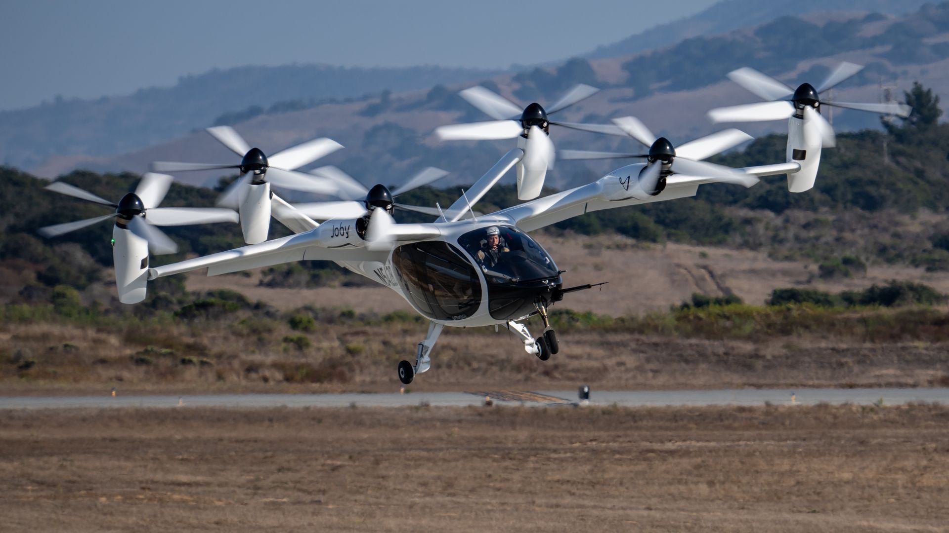 Joby's electric air taxi, with a pilot - for now. Photo courtesy of Joby Aviation