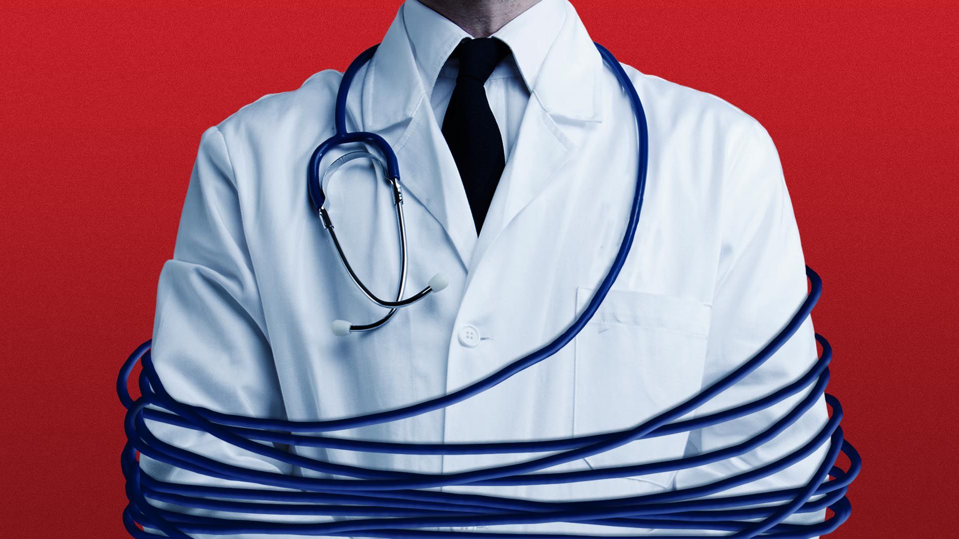 Illustration of a stethoscope wrapped around a doctor's torso.