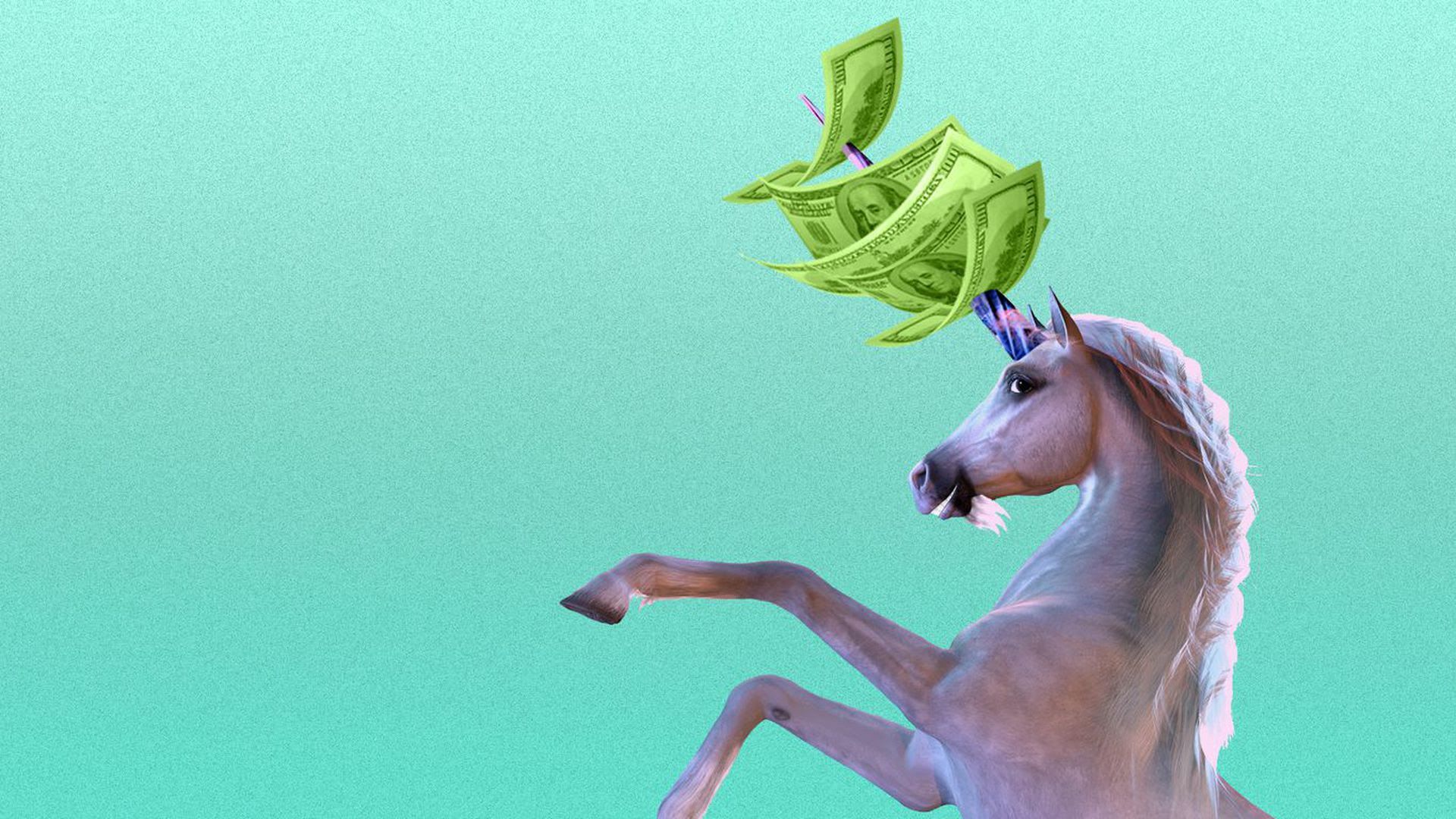 An illustration of a unicorn with cash speared through its horn. 